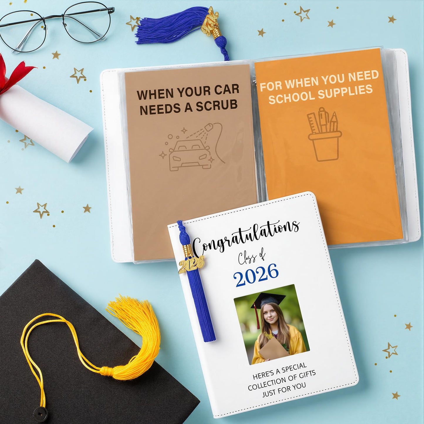 Epakh Blue Class of 2026 Graduation Gifts Card Book with Tassels, Congratulations Grad PU Leather Cover Photo Album Keeper Organizer Books with 24 Pages for College High School Survival Kit