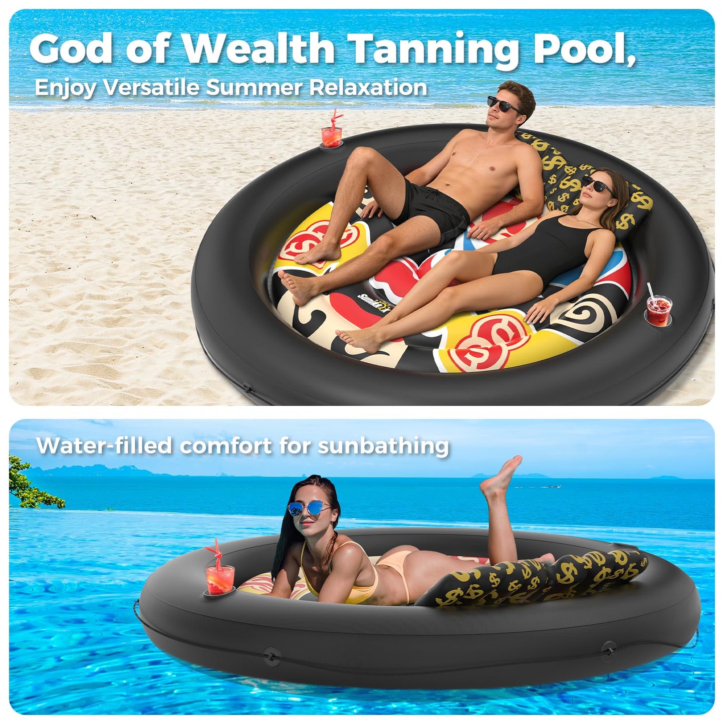 Sunikko X 73"x73" Inflatable Tanning Pool Floats Lounger Bed for Adults, Lucky Design XL Round Blow Up Pool Raft with Cup Holders, Pillow, 500lb, Sunbathing, Pool, Beach, Lake, Backyard Party
