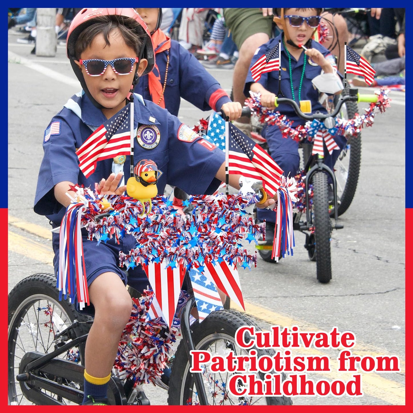 4th of July Bike Decorations for Kids - Parade Patriotic Bicycle Decor, Red White Blue Bike Tassels Streamers, Tinsel, Rubber Duck, Wheel Spokes Beads, American Flags for Independence Day Party Favor