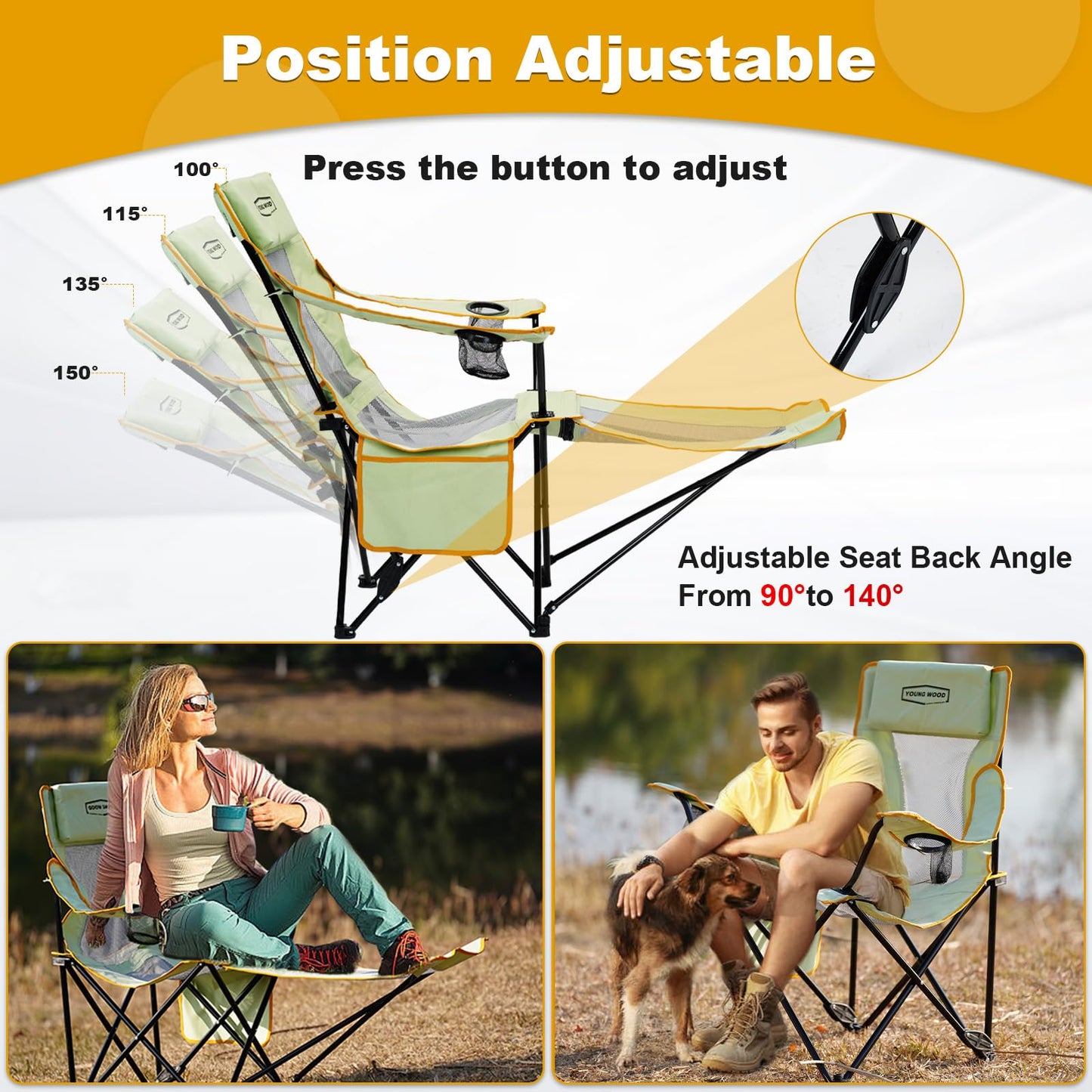YOUNG WOOD Camping Lounge Chair, Portable Reclining Camping Chair with Foot Rest, Folding Camping Chair for Adults, Headrest & Storage Bag, Mesh Recliner with Backpack, 330lbs Weight Capacity，Green