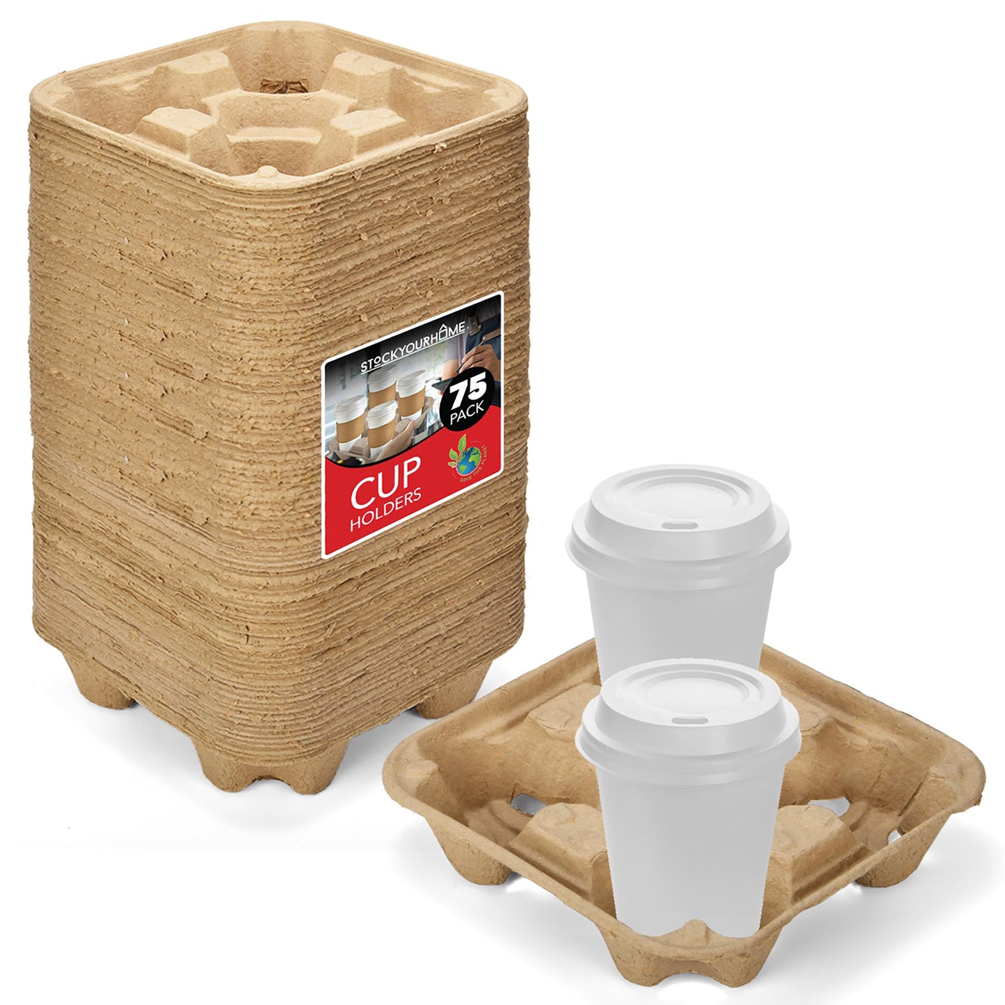 4 Cup Disposable Coffee Tray (75 Count), Commercially Compostable Cup Holder, Durable Drink Carrier for Hot or Cold Drinks, to Go Coffee Cup Holder for Food Delivery Service