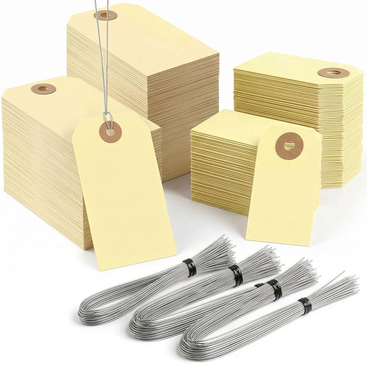 SallyFashion 220 PCS Manila Tag Bundle, Size #5 and #1 Blank Hang Labels with Wire, Shipping, Inventory, Retail, Garage Sale, Office Crafts