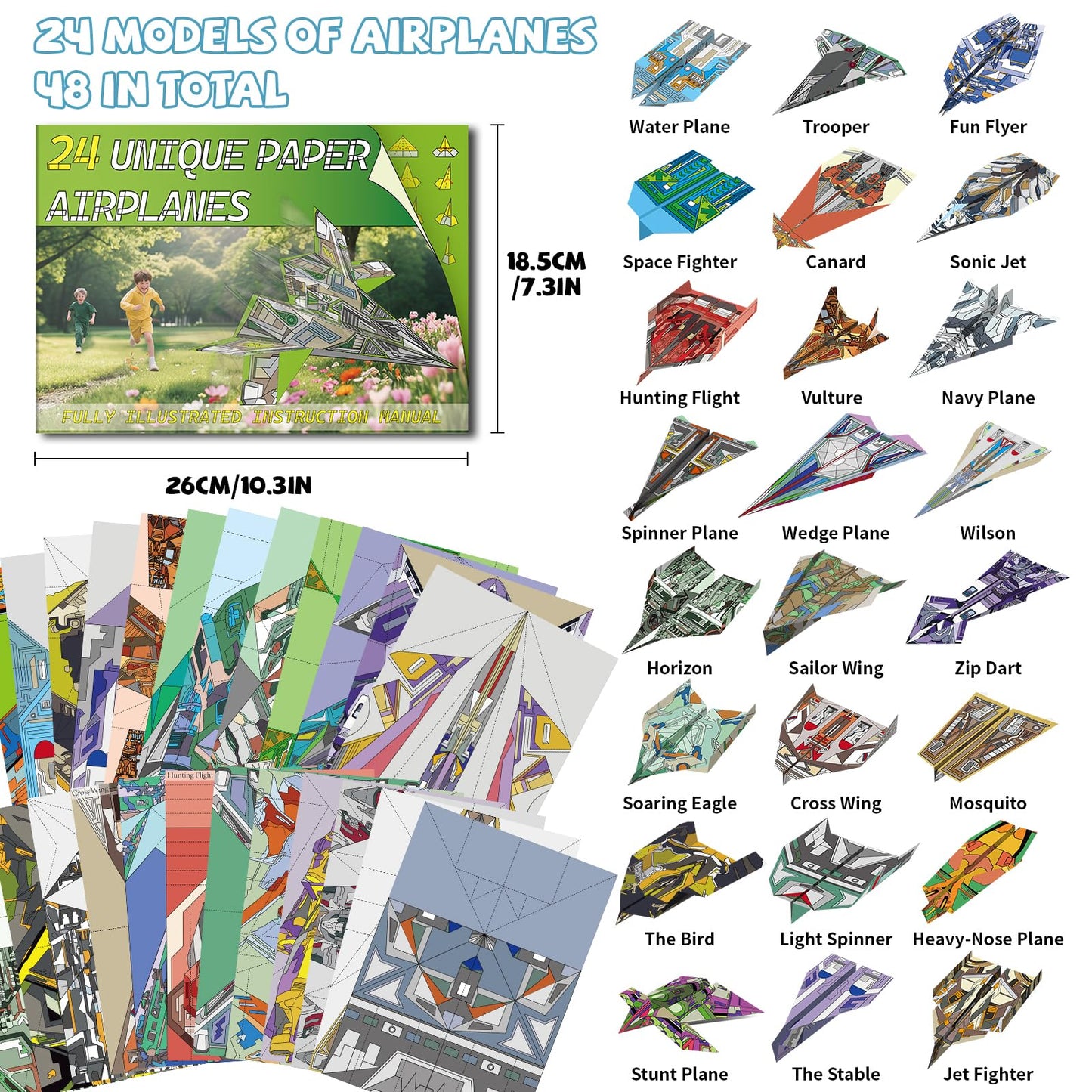 Elfew 48 Sheet Paper Airplane Kit for Kids Ages 6-8,8-12, Origami Paper Plane Kits for Boys, Crafts for Kids Activities, Origami Book, Airplane Toys Gifts for Boys and Girls