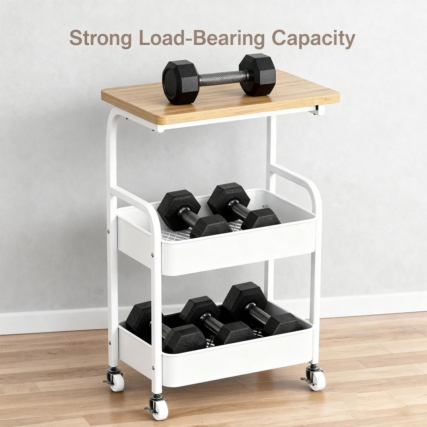 ULIKEUS Rolling Cart with Wooden Tabletop 3-Tier Metal Utility Rolling Cart Storage Organizer with Lockable Wheels for Kitchen, Office, Bedroom
