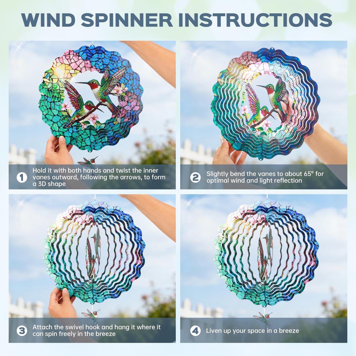 Hummingbird Wind Spinners Outdoor for Mother's Day, IDEA SHOW 12In Stainless Steel Wind Spinners, 3D Kinetic Hanging Spinners Sculpture for Women Mom, Metal Garden Decor Ornaments for Patio Yard Art