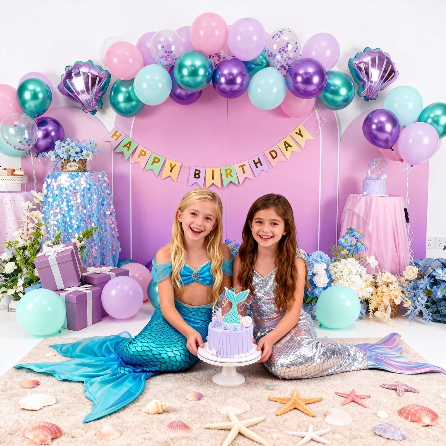 Mermaid Birthday Decoration for Girls,Metallic Purple Pink Green Blue Latex Balloons Seashell Foil Balloons Banner Cake Topper Mermaid Sea Decorations