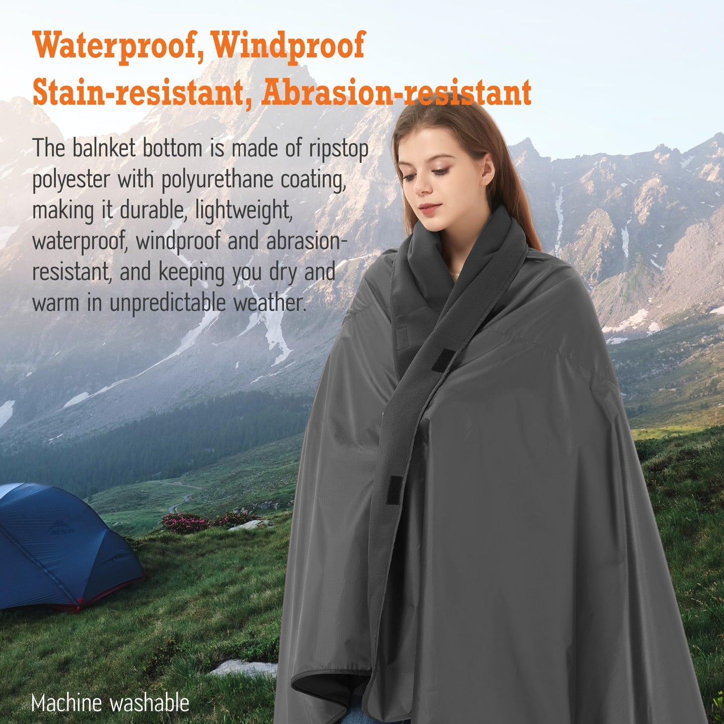 sheelokhwui 4-in-1 Large Camping Blankets - Waterproof, Windproof Fleece Outdoor Blankets for Stadium, Sports, Car, Concert - 81"x57", Portable (Dark Gray)