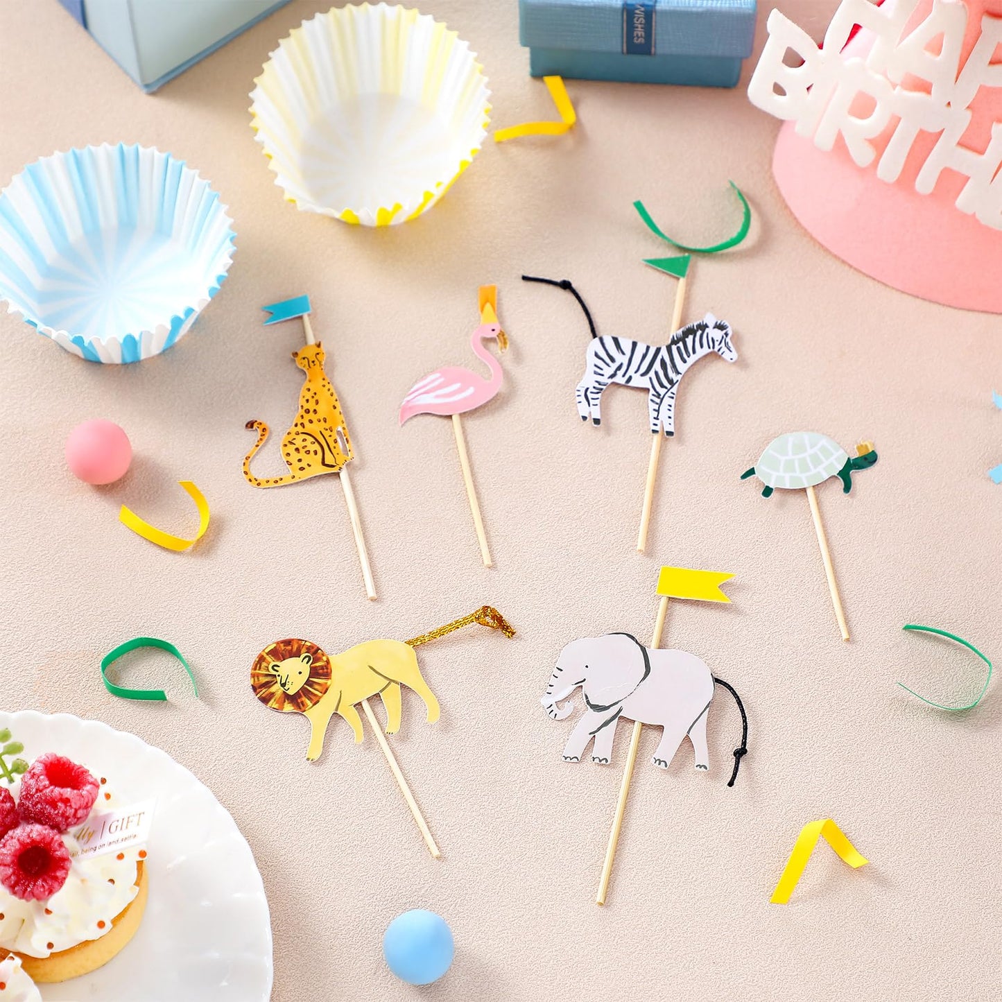 Reallnaive 36 Set Safari Cupcake Toppers Animals Cupcake Kit Safari Woodland Jungle Party Supplies for Jungle Theme Baby Shower Zoo Wild Animal Birthday