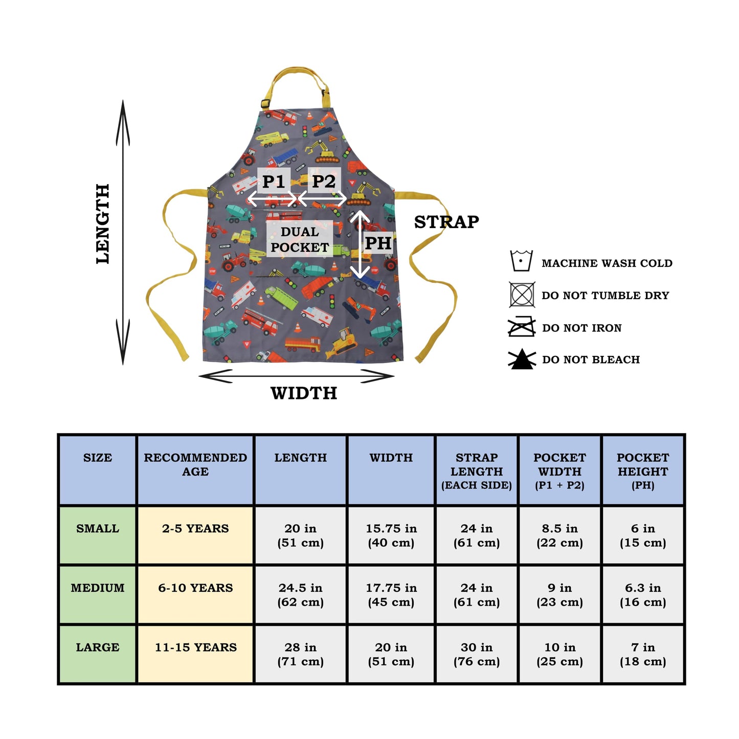 DASHN PRODUCTS Kids Apron - Truck - Dual Pockets - chef kitchen cooking garden artist painting cleaning baking pottery gift boys girls