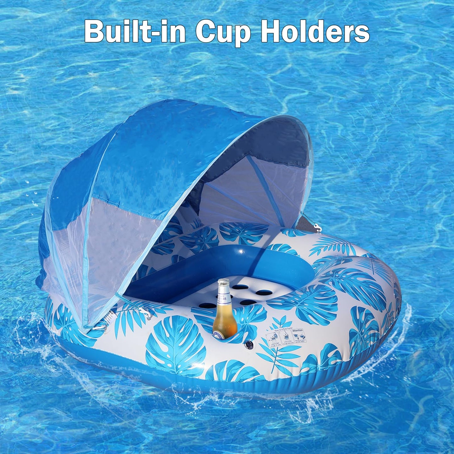 COOLCOOLDEE Pool Float with Canopy for Adults,Inflatable Lounge Chair with UPF 50+ Sun Protection,Backrest and Legrest,Blue