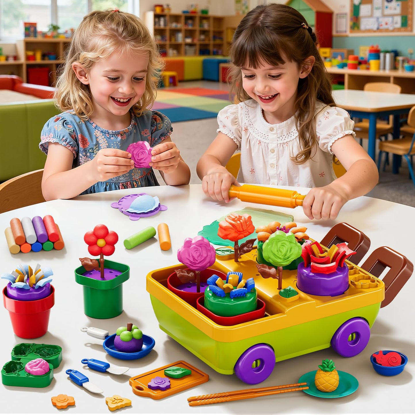 JUKUDAHU 50PCS Play Clay Set Blooming Flower Garden Toy Playset for Kids 3-5, DIY Nature Kits, Pretend Kitchen Toys Accessories with Cart, Toy Dishes, Gifts for Girls Boys Toddlers Ages 3 4 5 6 7 8 9