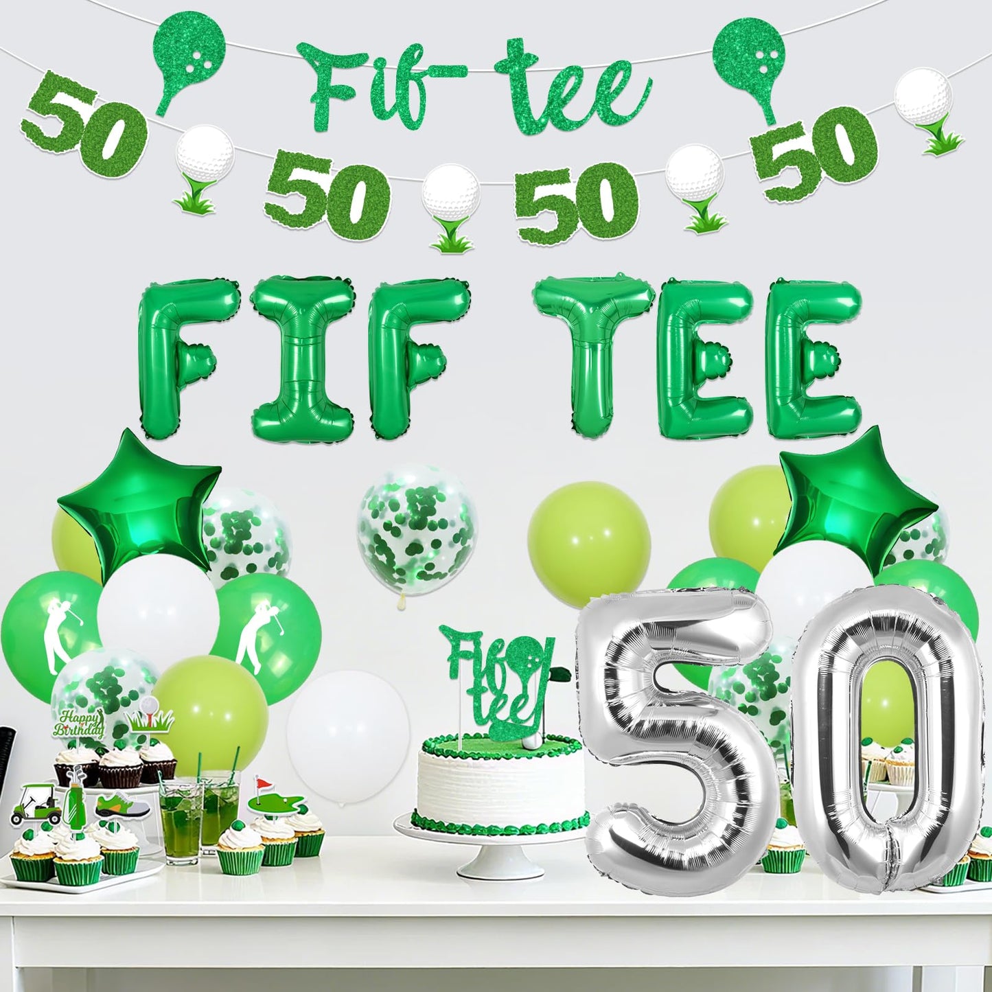 Golf 50th Birthday Party Decorations Fiftee Golf Banner Fif Tee Cake Topper Golf Theme Cupcake Toppers Garland Pom Poms for Women Men Sports 50th Birthday Party Supplies
