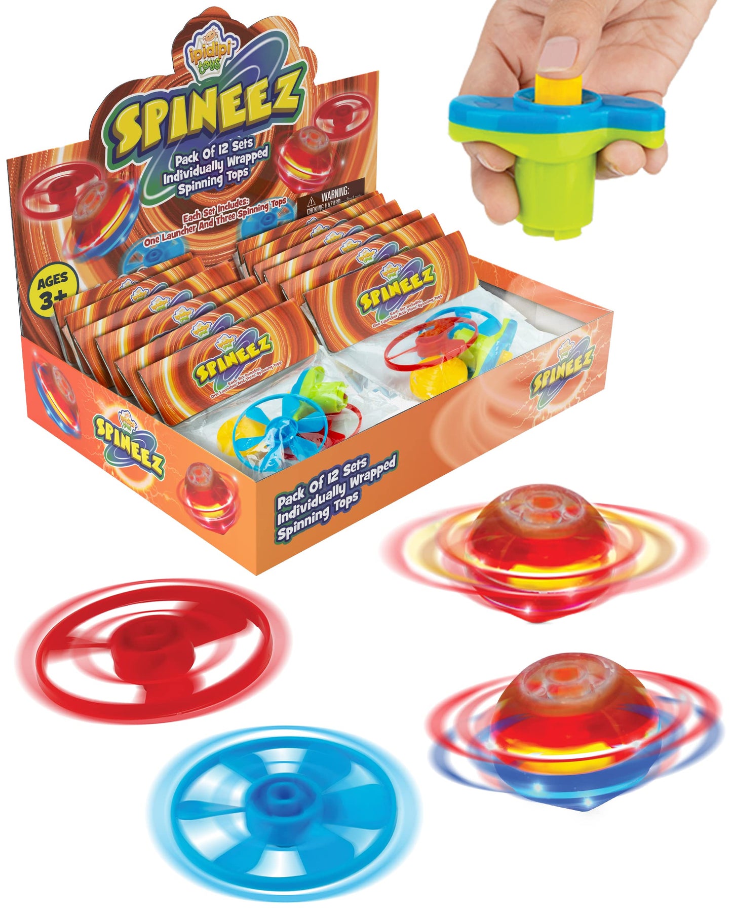 IPIDIPI TOYS Spineez Light Up Flying Saucer Spinning Tops – 12-Pack UFO Spinner Toys - Spinning Tops for Kids - Birthday Party Favors, Goodie Bag Stuffers, Classroom Prizes for Boys & Girls – Orange