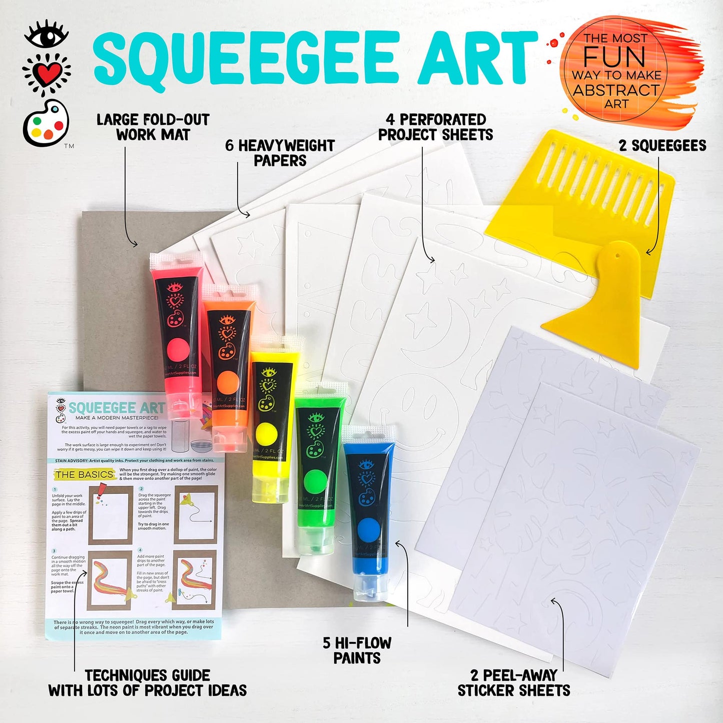 Bright Stripes iHeartArt Squeegee Art Kit for Kids - Easy to Use Squeegee Arts & Crafts Painting Set for Kids Ages 6+ with Paint, Paper, Stickers & Tools, Mess Free Coloring & Educational Art Supplies