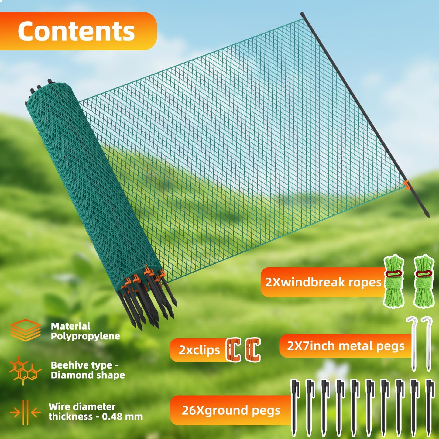 Temporary Fence with Garden Posts & 3.1'H x 60'L Plastic Mesh,Portable Snow Fencing with Windbreak Rope and Ground Stakes,Dog Fence Outdoor for Yard,Backyard Fences,Garden Fence Protect Barrier