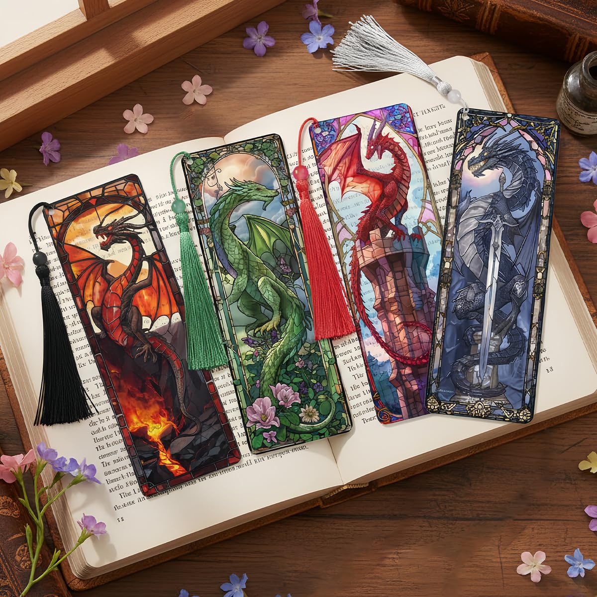 Zaamwoyy 4 Pcs Stained Glass Dragon Bookmarks Gifts for Women Men, Transparent PVC Bookmark with Tassels, Cool Book Lovers Accessories, Unique Reading Book Marks for Bookish Office School