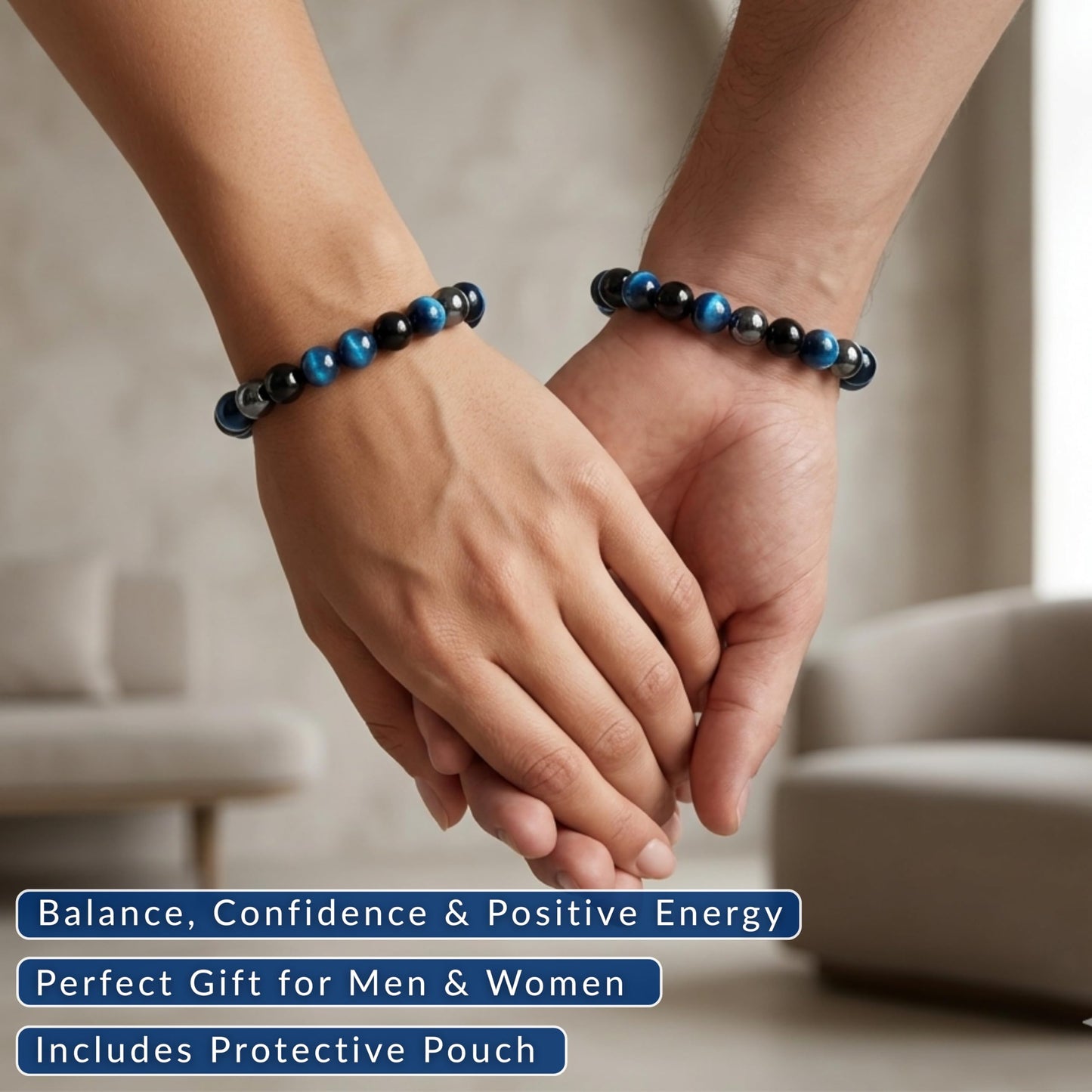Cherry Tree Collection Triple Protection Blue Beaded Bracelet – Genuine 8mm Gemstone Stretch Bracelet for Men & Women – Handmade Crystal Bracelet - (Triple Protection Blue - S)