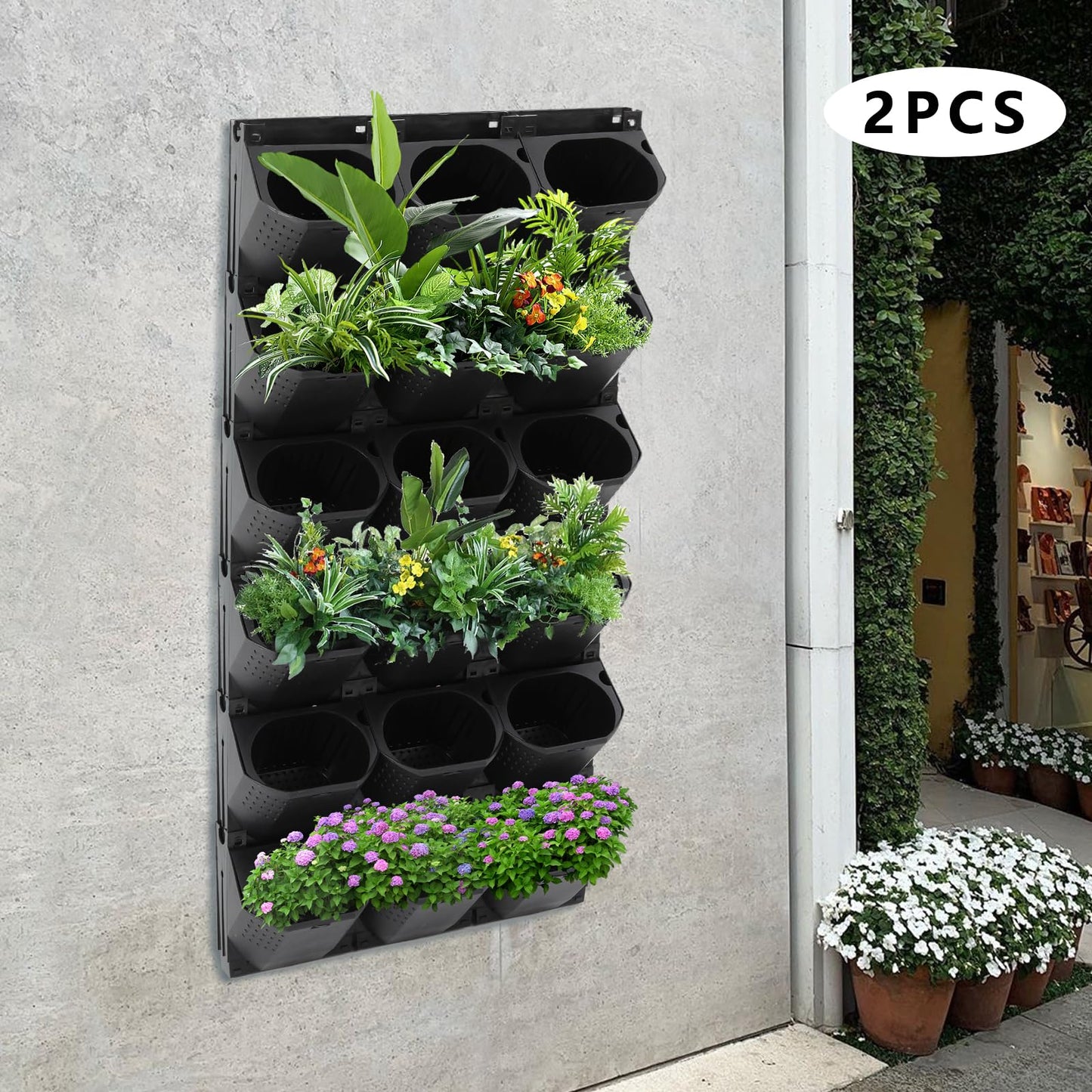 trggvvrt 36 Pockets Vertical Wall Planter, Wall Mounted Flower Pot Holder with 180LB Capacity,10.56 oz Self Watering Pots & 36 Non-Woven Bags for Indoor Outdoor Herbs,Flowers,Strawberries (Black)