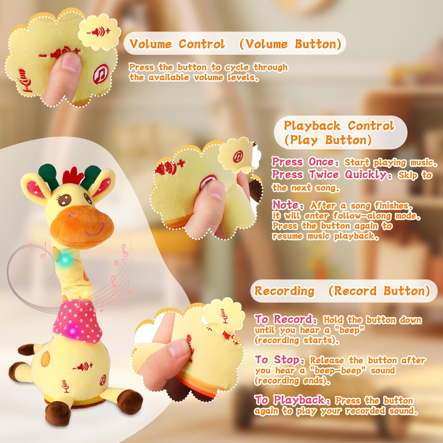 LUKETURE Dancing Talking Giraffe Toy Stuffed Plush, Cute Interactive Talking Giraffe Gift for Girls Boys Kids, Musical Baby Toys Singing 10 Children's Song Repeats What You Say