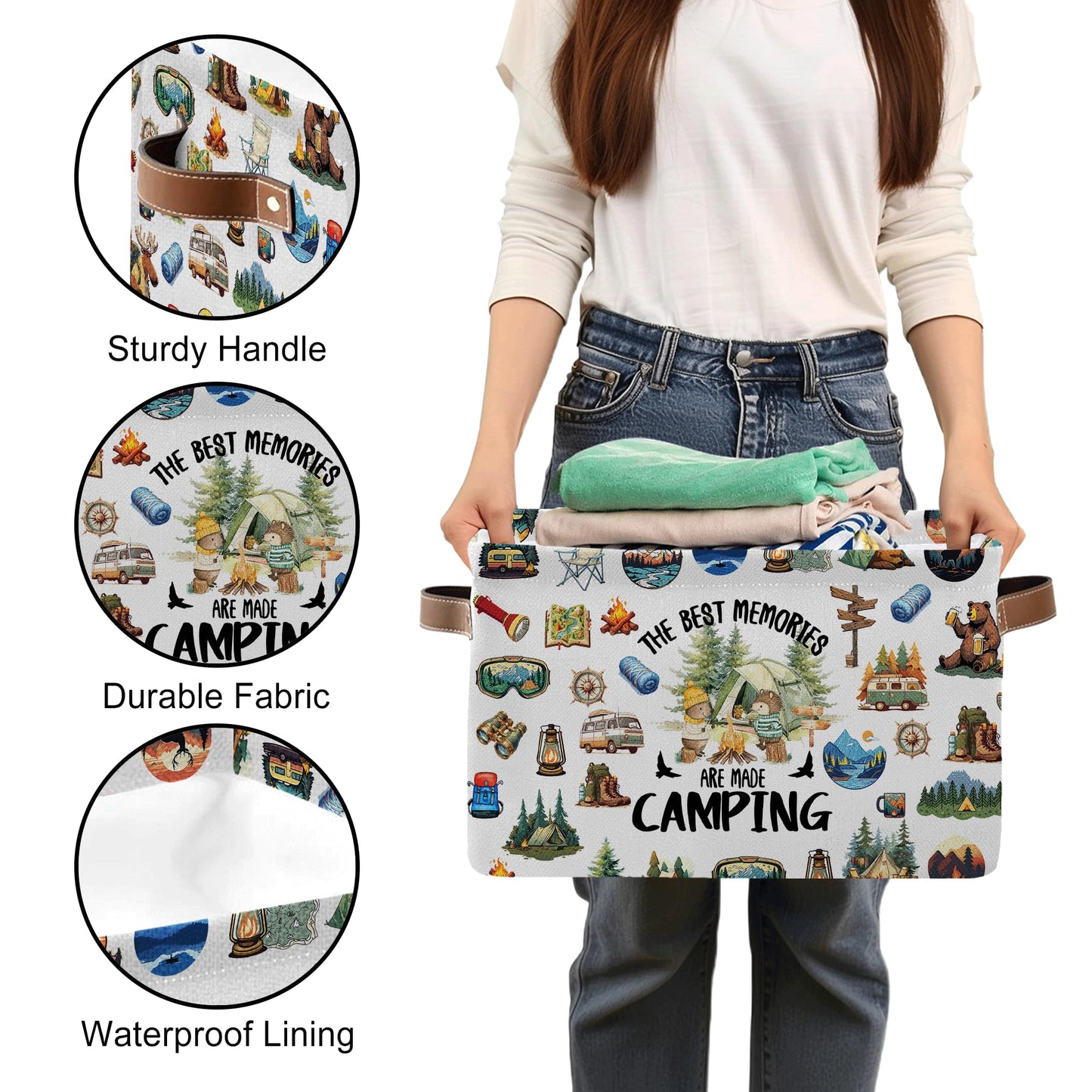 JOPJOLIW Camping Rectangle Storage Basket - Camping Themed Collapsible Storage Baskets with Handles - Camp out in the Wild Storages Bin for Kids Clothes, Gifts, Books, Toys