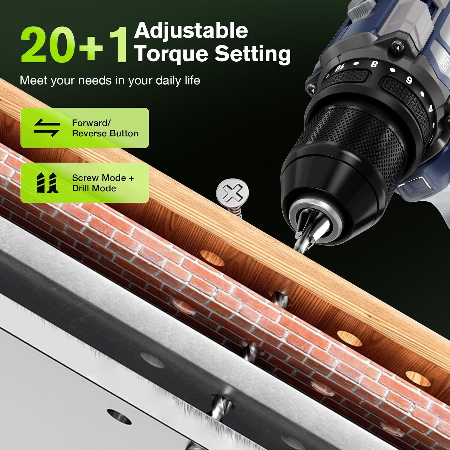 20V Cordless Drill Driver, Electric Power Brushless Drill 60N.m with 1/2" Metal Keyless Chuck, 20+1 Torque 2 Speed, LED Light, Tool bags, Battery & Charger for Furniture, Home DIY,Beginner, Repairing