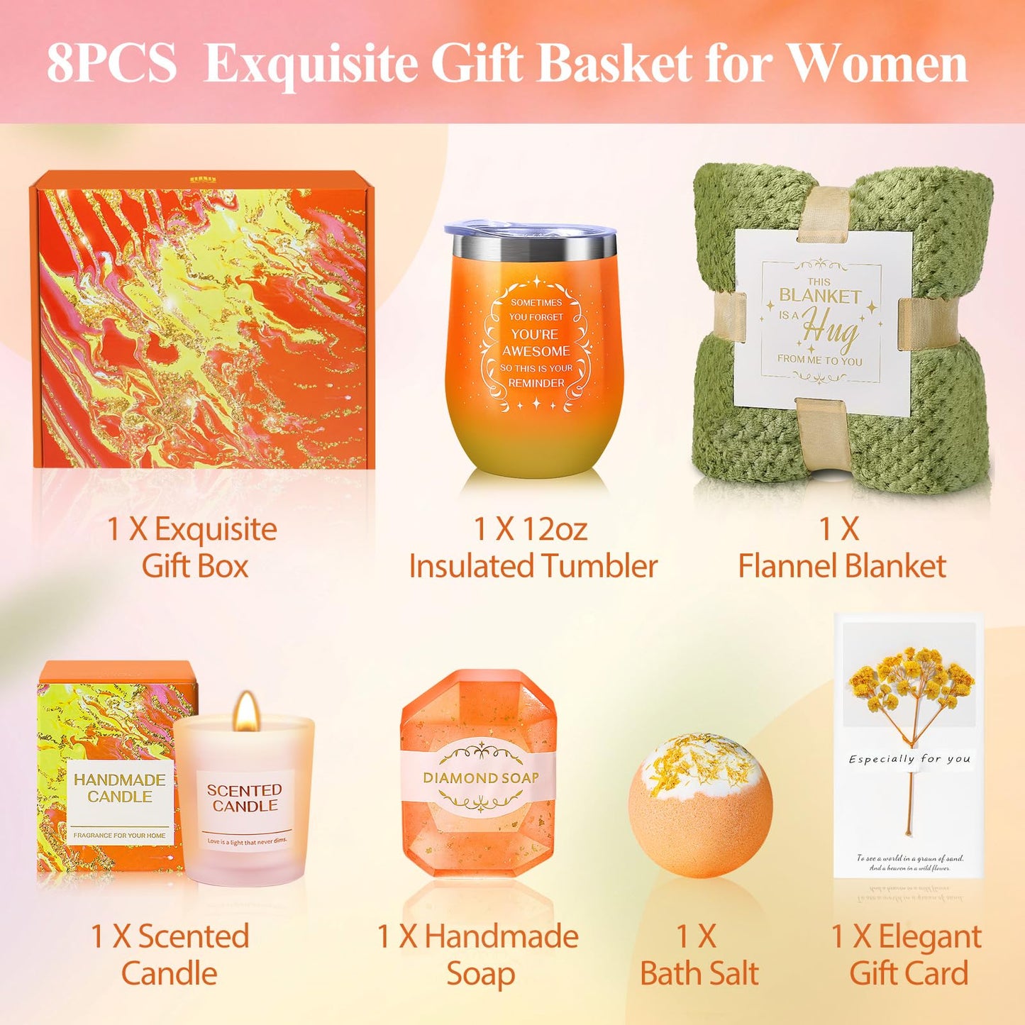 Birthday Gifts for Women, Mothers Day Gifts, Appreciation Gift Teacher & Nurse Get Well Soon Spa Retirement Gift Basket with Flannel Blanket for Mom, Grandma, Sister, Wife, Girlfriend, (orange)