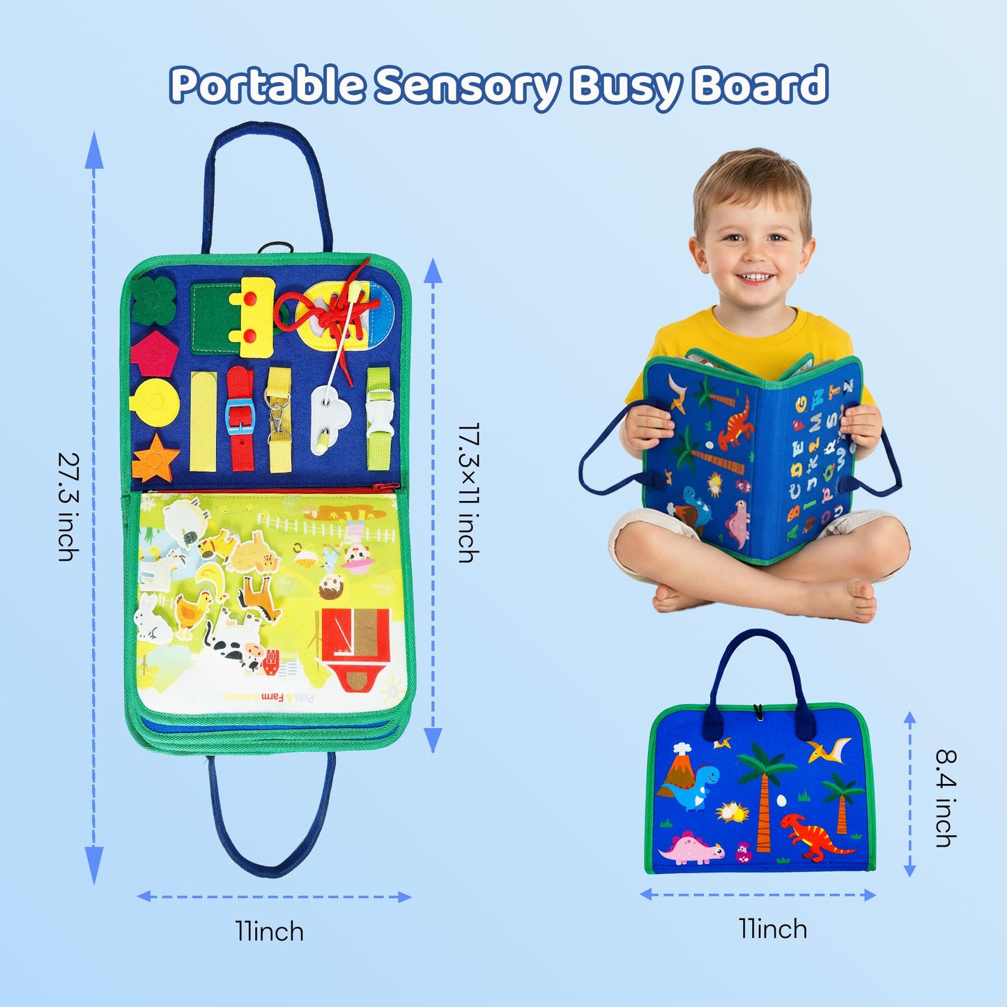 Tilhumt 8 in 1 Busy Book for Toddler 1-3, Montessori Boy Board with Storage Bag for Travel Quiet Learning Sensory Toys, Felt Busy Book for Baby Educational Gift Activities Fine Motor Skills