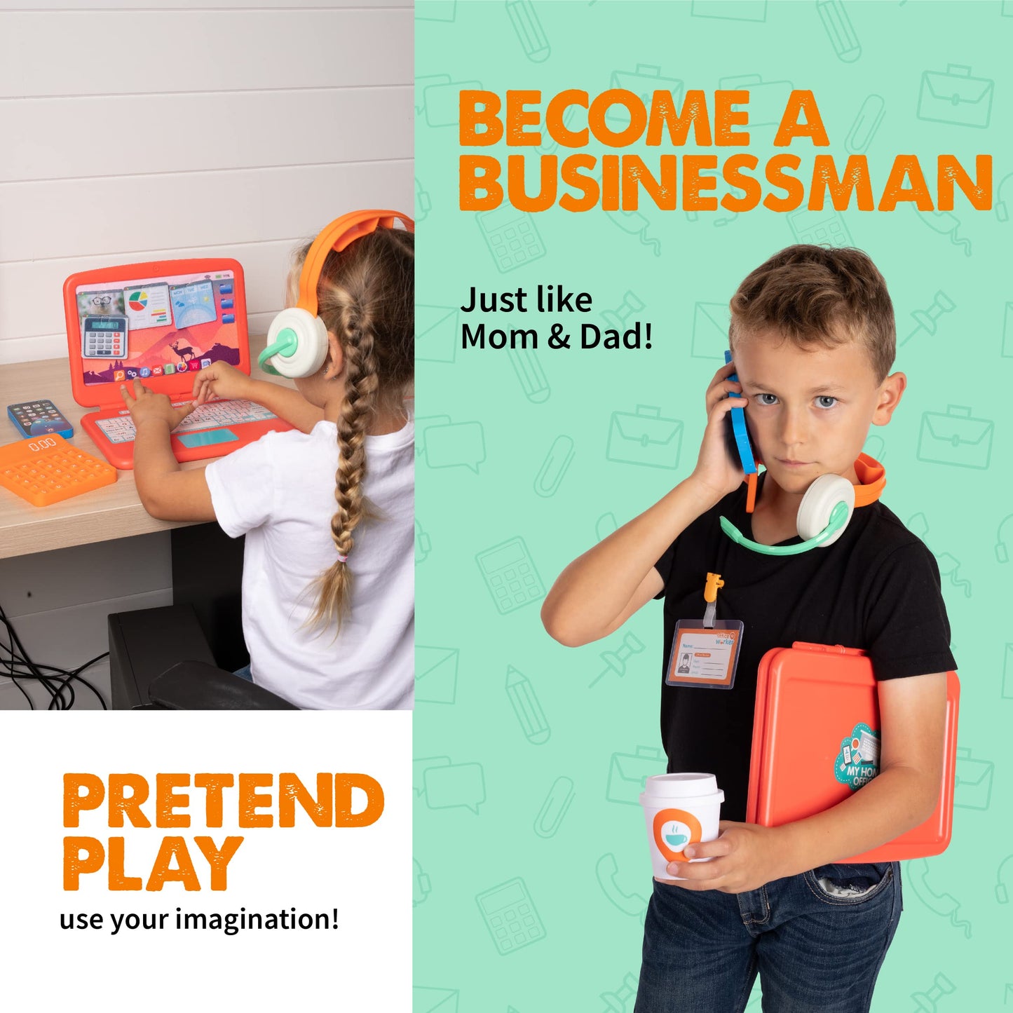 Born Toys Office Toddler Pretend Play Sets for Kids Ages 3+, Imaginative Pretend Play Set for Boys & Girls, 9-Piece Work Pretend Play Toys with Toy Laptop, Pretend Headset, Toy Phone, Gift Ready Bag