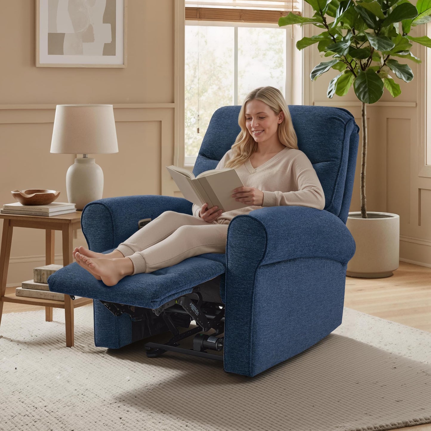 MCombo Compact Wall Hugger Power Recliner Chair for Small Spaces, Dual USB-A/C Ports, Rolled Arm Recliner for Living Room & RV, Fabric PR520 (Fabric, Navy Blue, Small)