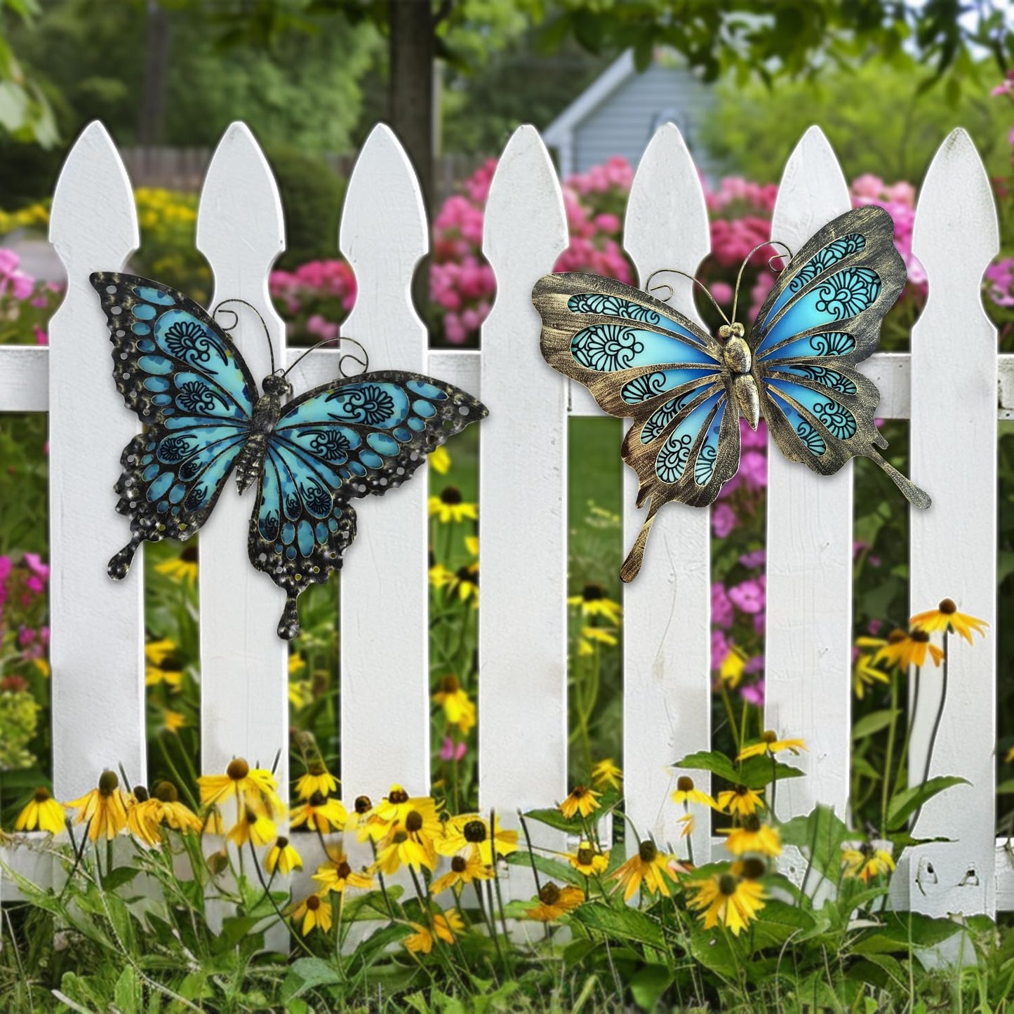 LIFFY Metal Butterfly Wall Decor,2Pack 12" Hanging Glass Butterfly Outdoor Decor,Garden Decorative Ornaments Outside for Home,Yard,Fence,Patio