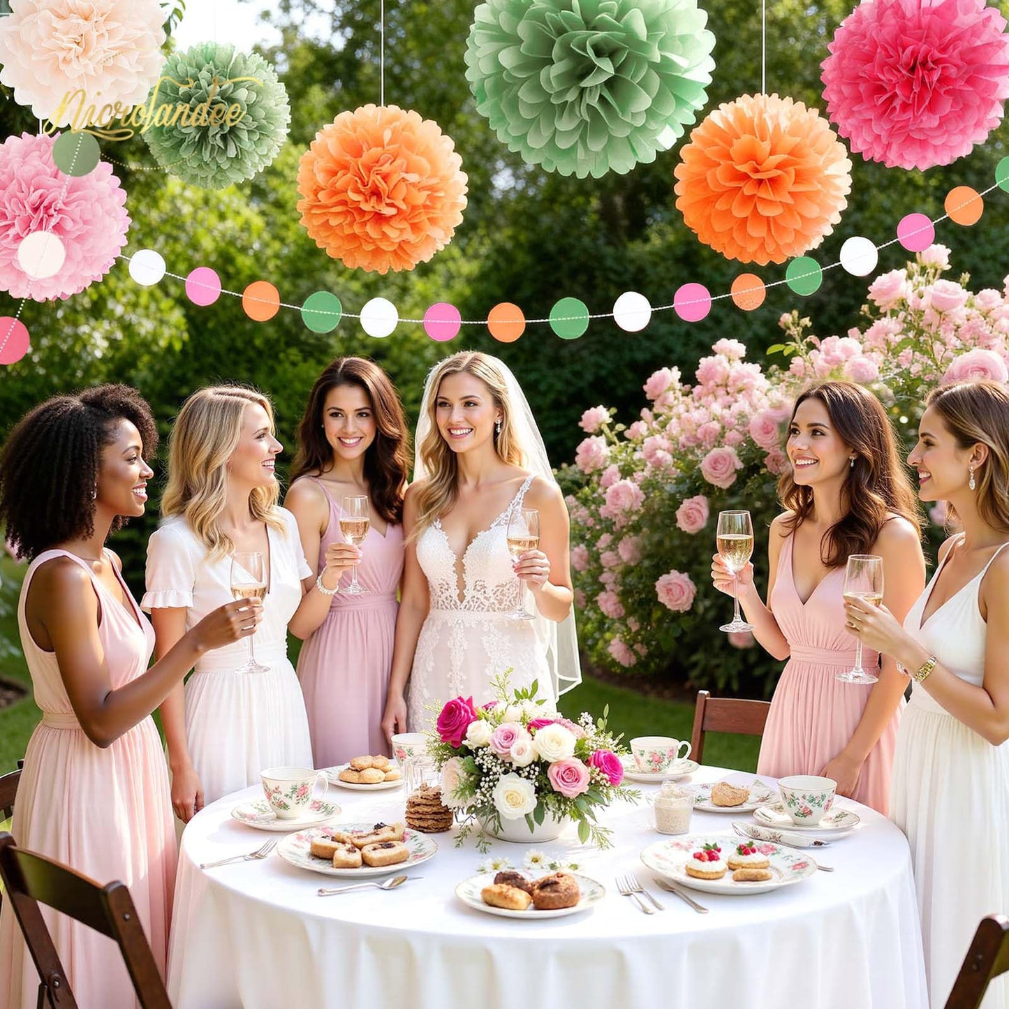 NICROLANDEE Wedding Party Decorations - 15Pcs Pink, Sage Green, Ivory Tissue Paper Pom Pom for Birthday Pastel Decorations, Engagement Baby/Bridal Shower Anniversary Valentine Dot Paper Backdrop Decor