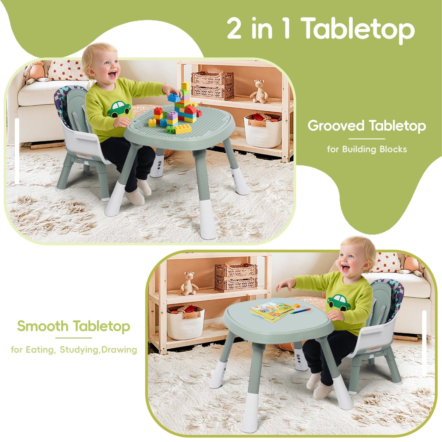 15 in 1 Convertiable High Chair for Babies and Toddlers, 2 in 1 Highchair & Activity Center w/Toys, Booster Seat, Toddler Chair w/5-Point Harness & Removable Tray & 2-Layer Cusion (Green)
