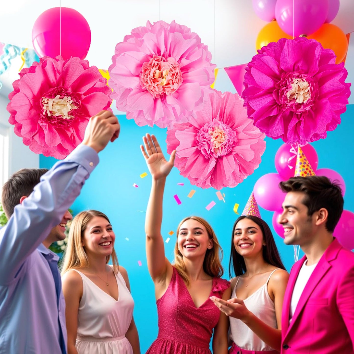 SUNBEAUTY 20" Giant Pink Paper Flowers 4 PCS Large Crepe Tissue Paper Flowers Pink Party Decorations for Girl Women Birthday Spring Garden Wedding Flower Backdrop Wall Bridal Shower Nursery