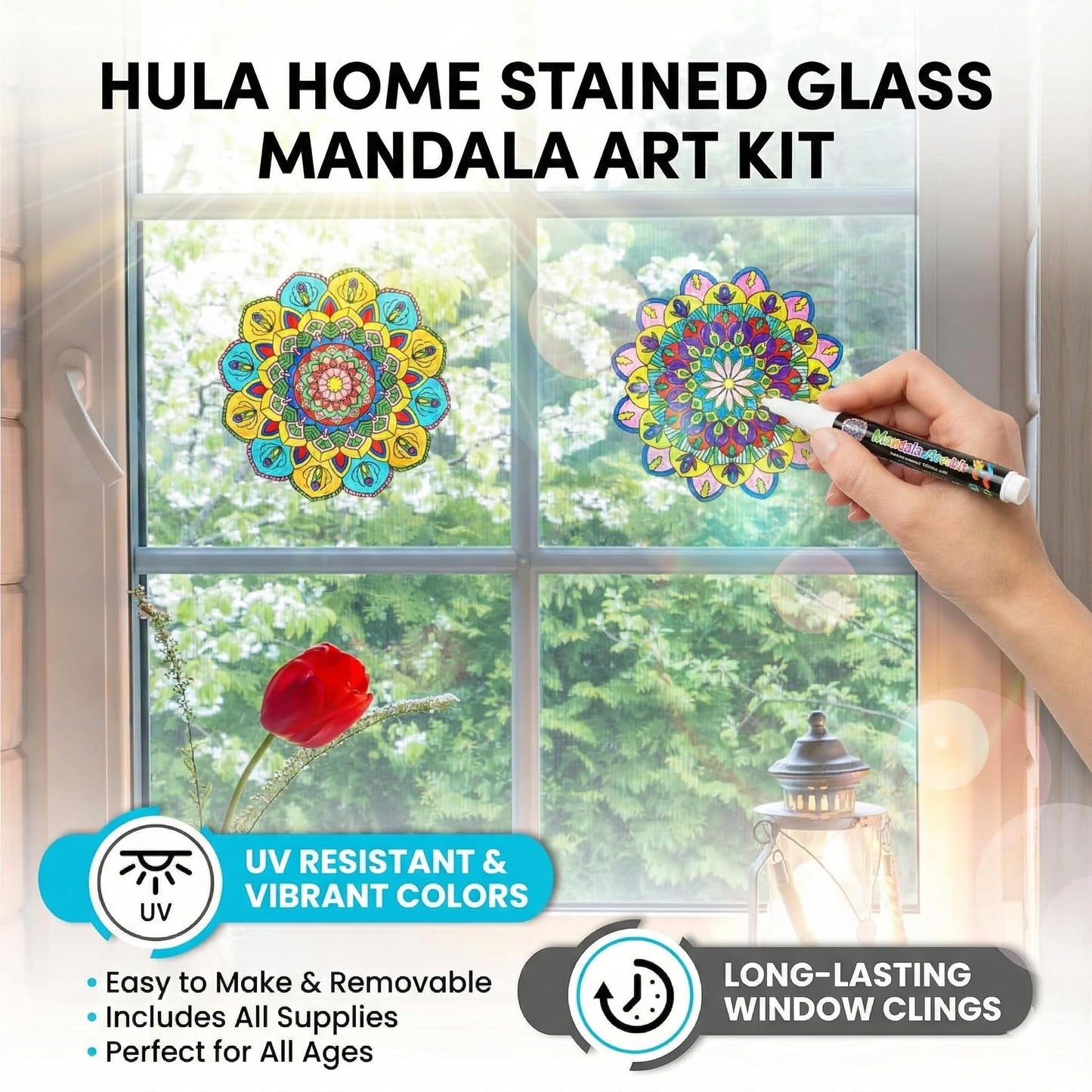 Hula Home Stained Glass Mandala Art Kit - DIY Window Clings with Markers, 10 Suncatchers - Perfect Hobby for Adults, Kids, Teens & Seniors - Ideal Gift for Beginners, Women & Elderly