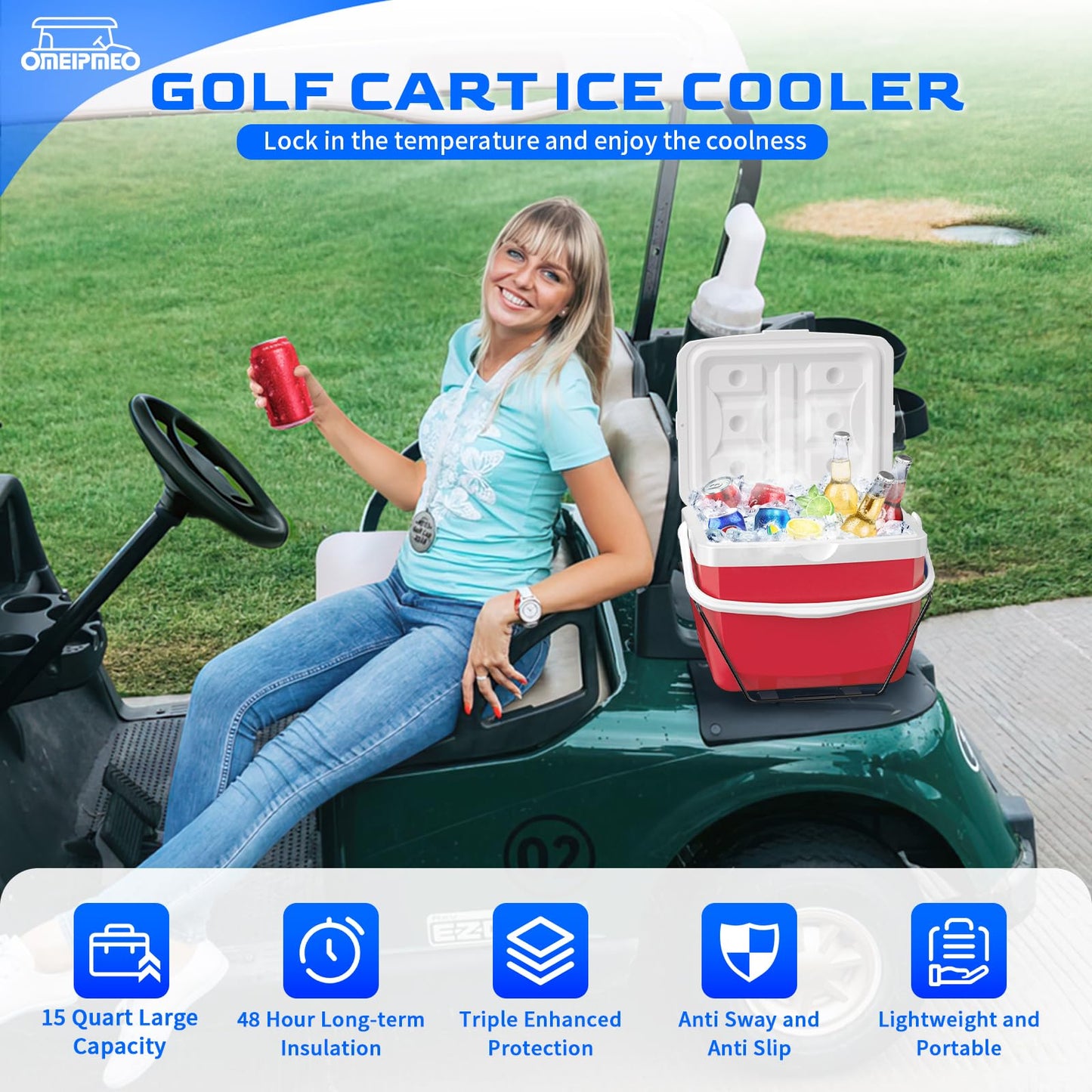 Upgrade 15L Golf Cart Cooler, Portable Golf Cart Ice Chest with Mounting Bracket, Ice Packs, 15 Quart Large Capacity Strong Insulation Ice Cooler Fits Club Car EZGO Yamaha (Red Golf Cart Cooler)