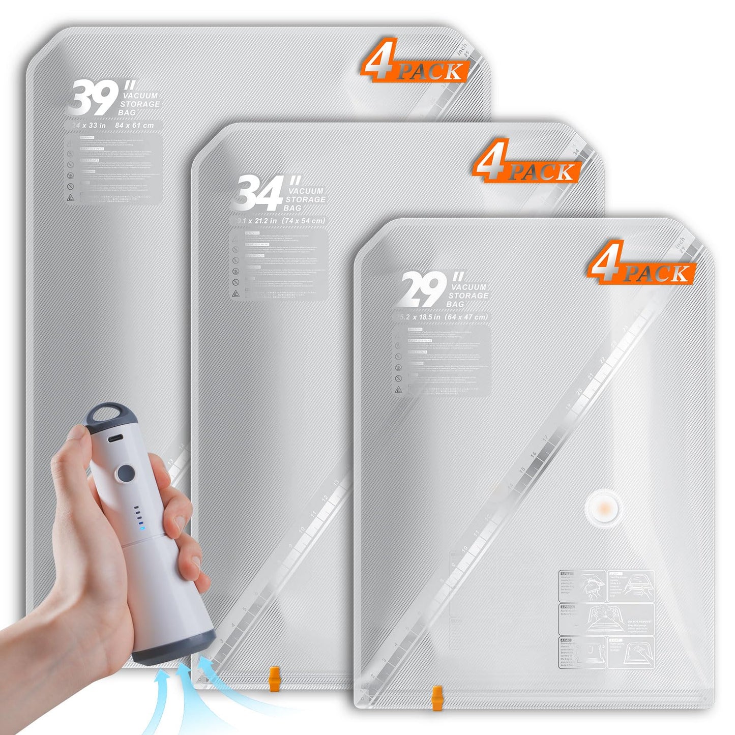 Vacbird Vacuum Seal Bags for Clothing with Rechargeable Cordless Pump, 12 Pack Compression Packing Bags, Space Saver Storage for Seasonal Clothes Bedding Blanket Pillows Comforters Luggage Travel