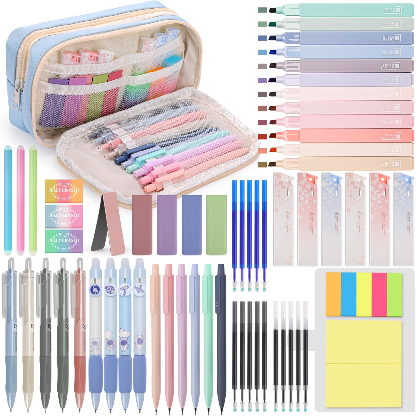 DazSpirit 61 PCS Aesthetic School Supplies with Cute Pencil Case, No Bleed Highlighters, Gel & Erasable Pens, Mechanical Pencils, Refills, Complete College Essentials Stationery Kit for Women