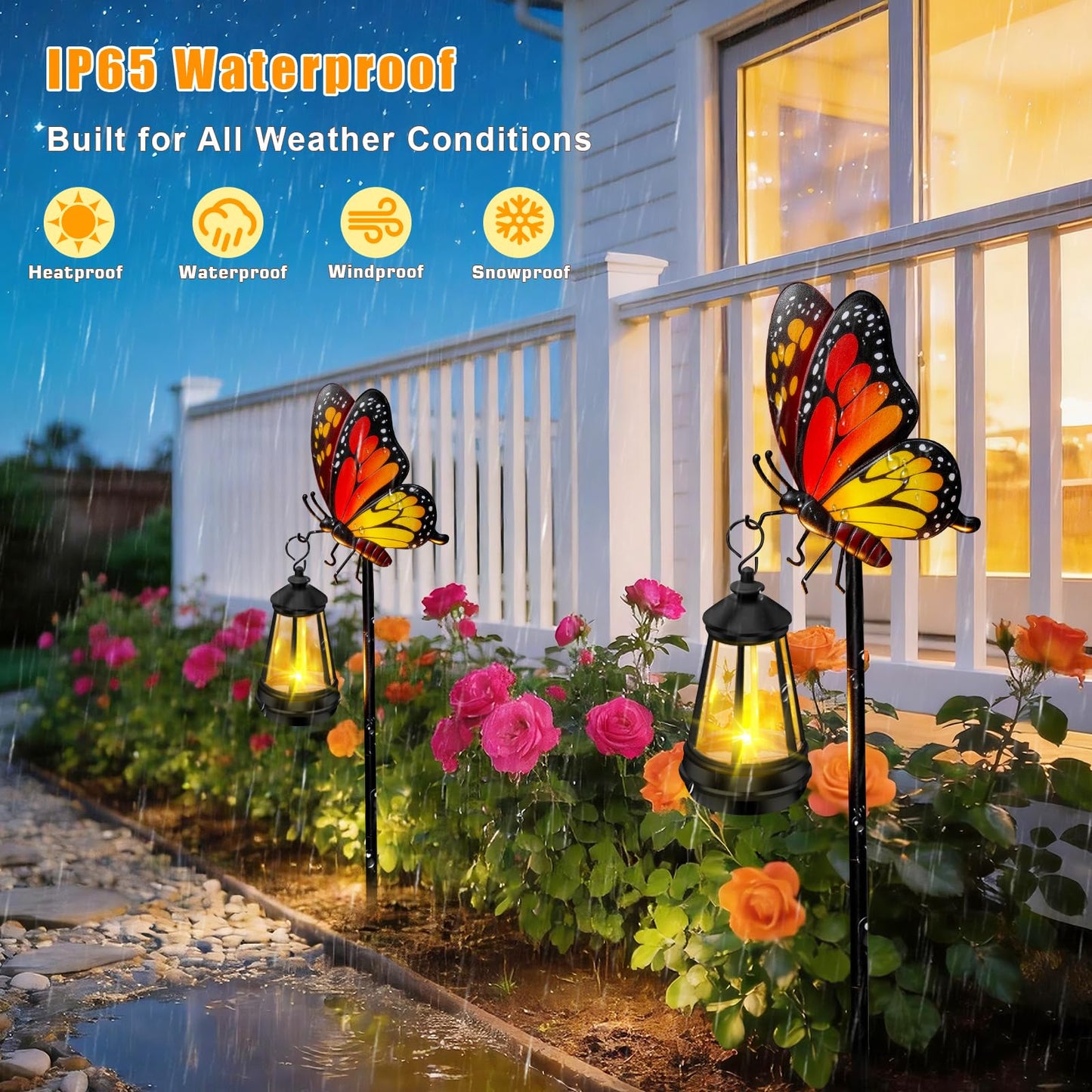 ZFNN Solar Garden Decor Lights Outdoor Waterproof, Metal Butterfly Stakes with Solar Lanterns, Solar Garden Lights for Decorative Yard Art Outside Patio Lawn Ornaments, Gifts for Women Mom