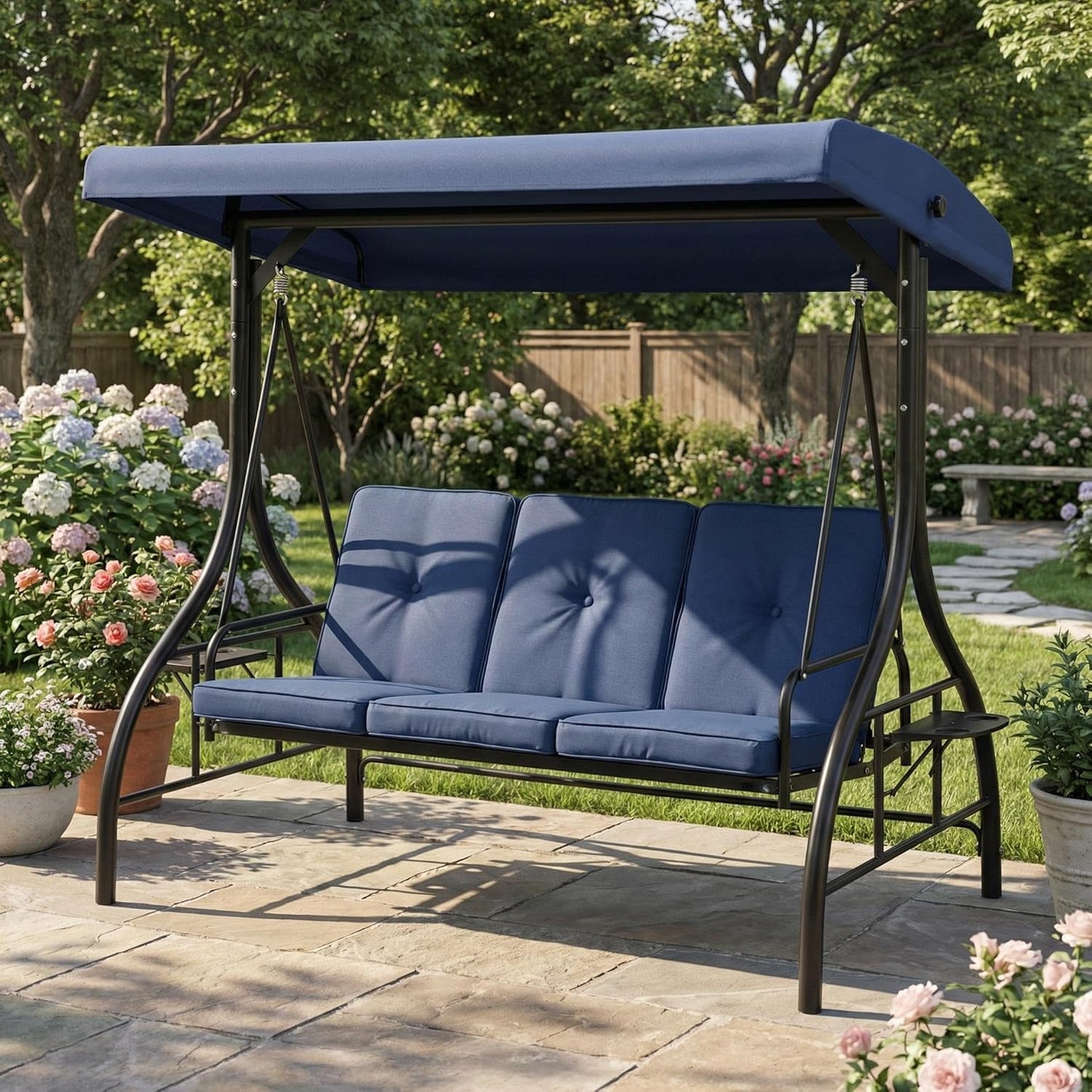 3-Seat Outdoor Swing Chair with Adjustable Canopy - Convertible Swing Bed - Thick Cushions, Built-in Cup Holders - Sturdy Weather-Resistant Steel Frame - Patio, Garden, Backyard, Navy Blue