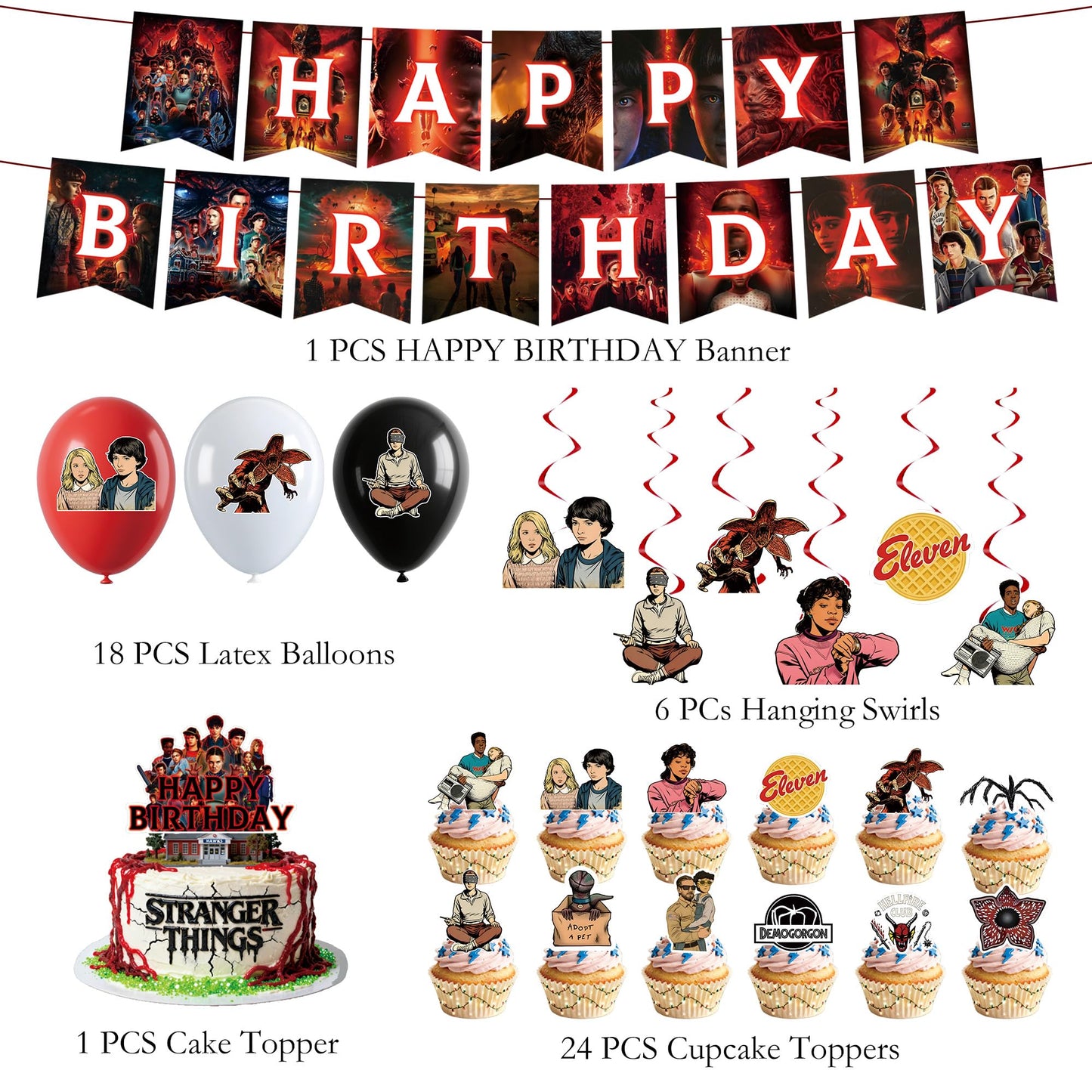 50pcs Stranger season 5 Things Party Supplies for kids, Birthday Decorations Set Include Banner, Balloonss, Hanging Swirls, Cake Cupcake Toppers for Boys Girls Theme Party ( Things 5-B)