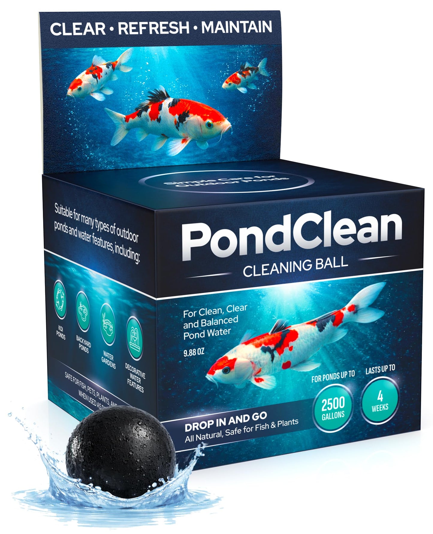Natural Pond Care Ball – Easy Drop-in Maintenance for Outdoor Ponds and Water Features, Suitable for Fish & Plants, Up to 2500 Gallons – 4 Week Use