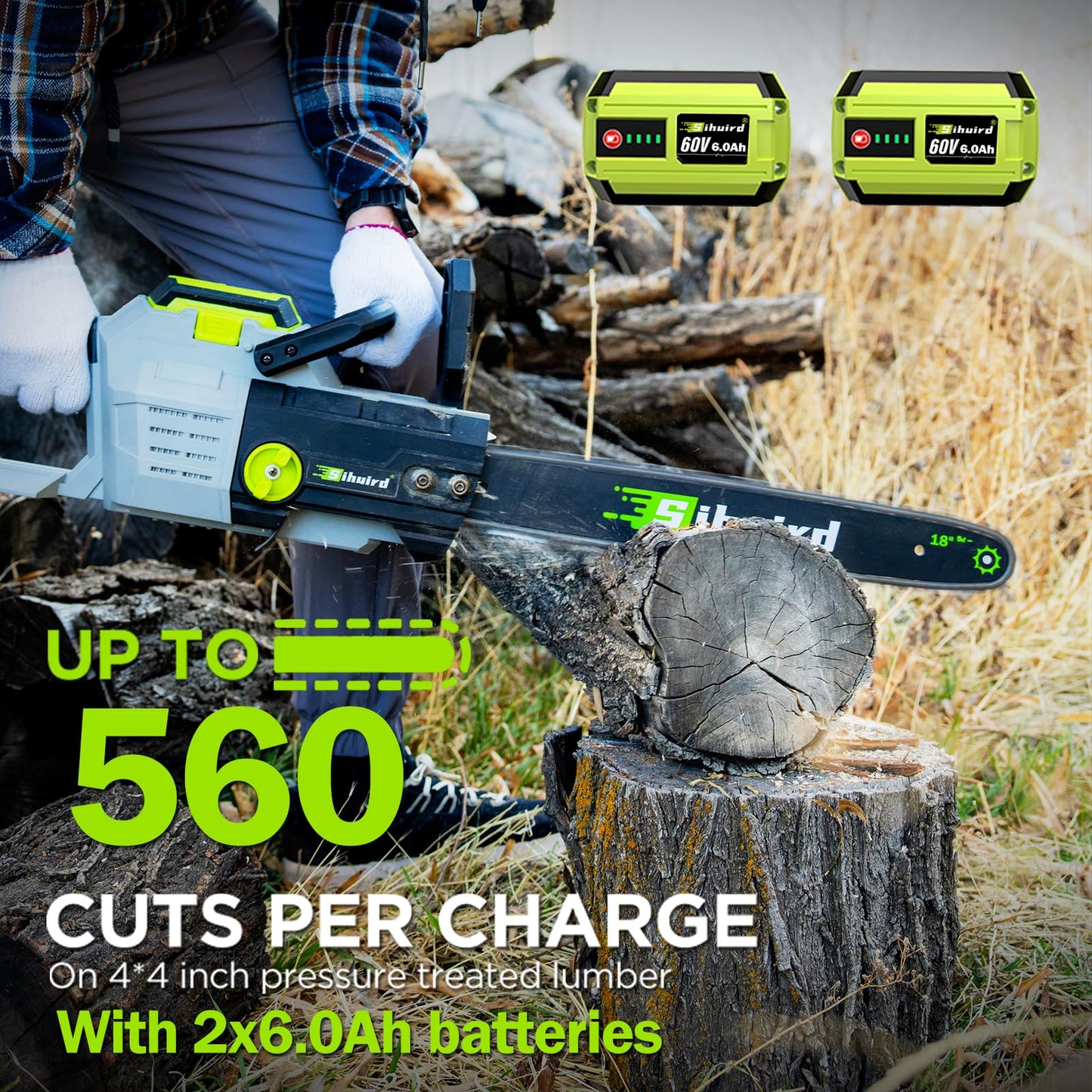 Sihuird 60V 18-Inch Cordless ChainSaw, 2 x 60V 6.0Ah Battery and Charger, Brushless Motor Electric Chainsaw with Tool-free Chain Tension & Auto Lubrication for Tree, Wood Cutting-SL9160