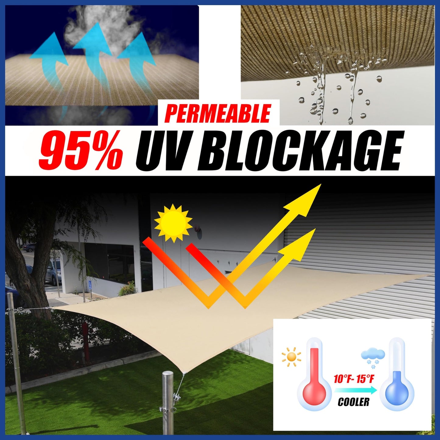 ShadeMart 14' x 14' Beige Sun Shade Sail Square Canopy Fabric Cloth Screen smTAPR1418, Water and Air Permeable & UV Resistant, Heavy Duty, Carport Patio Outdoor & (We Customize Size)