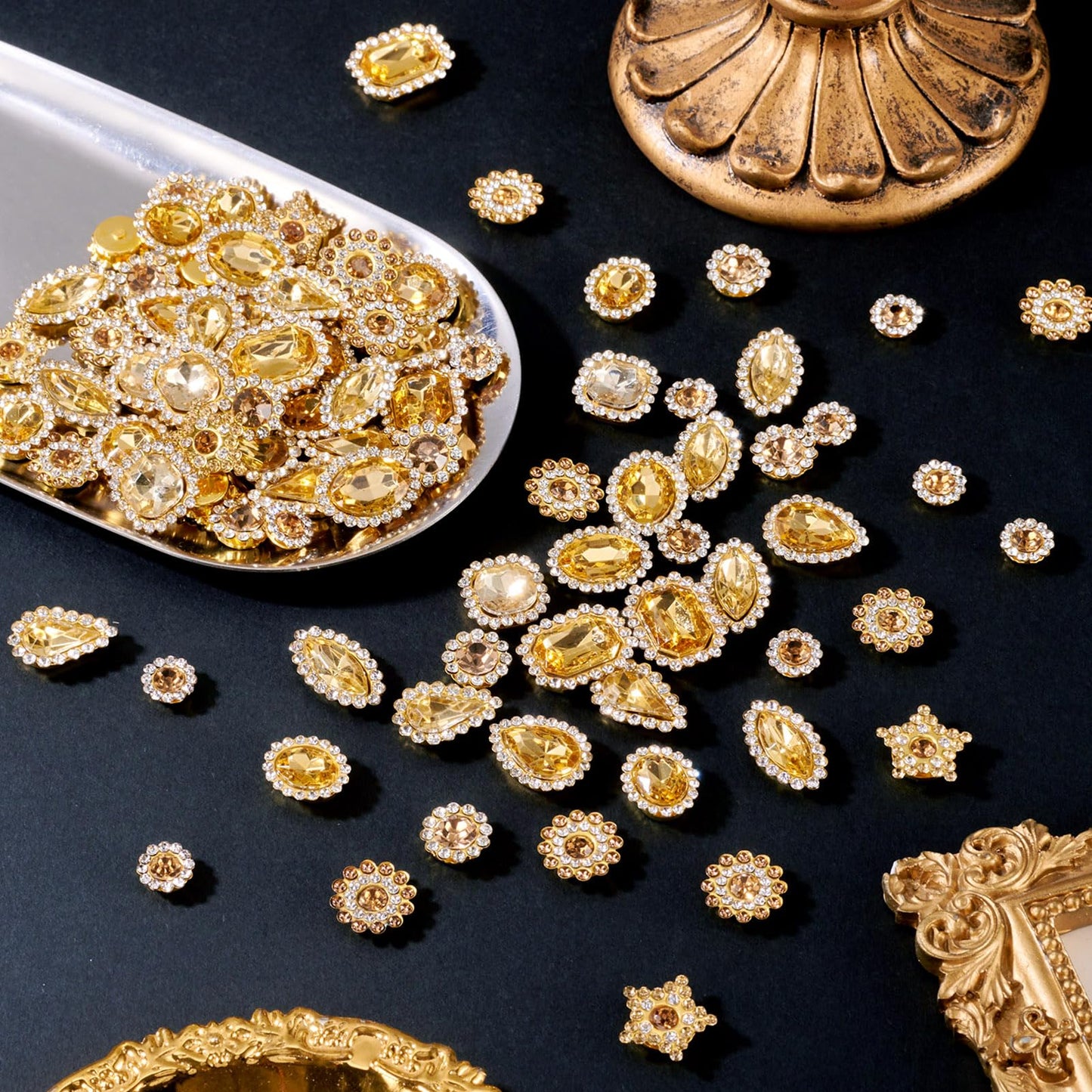 FASHEWELRY 100Pcs Sew on Rhinestones Mixed Shapes Big Rhinestones Bedazzling Flatback Sew on Crystal Gems with Metal Base for DIY Costumes Embellishments (Golden)