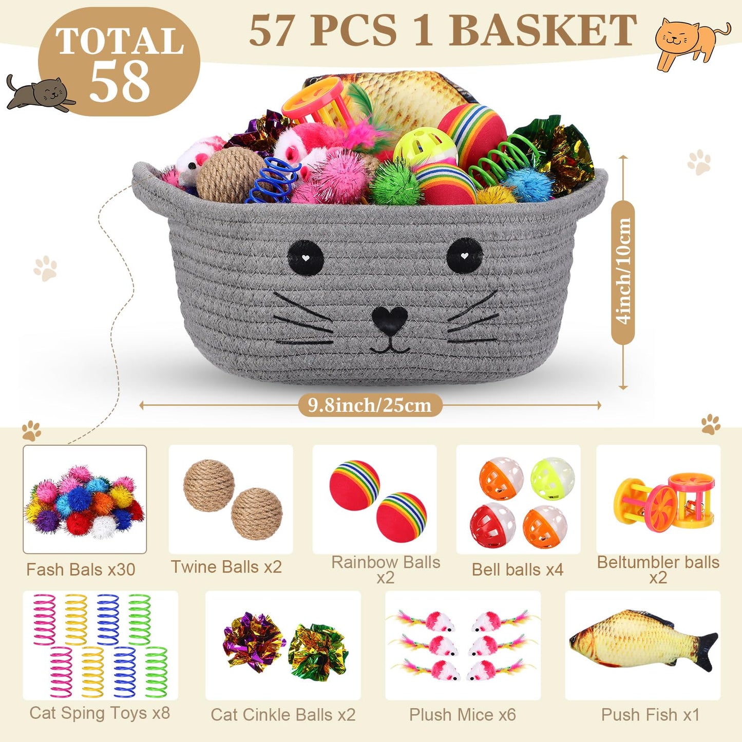 Zopeal 58 Pcs Mother’s Day Cat Storage Basket Gift Toys Set, Colorful Flashing Balls Pet Bell Crinkle Balls Spring Toys Attract Cat to Swat, Hunt, Interactive for Pet(Grey,9.8 Inch)