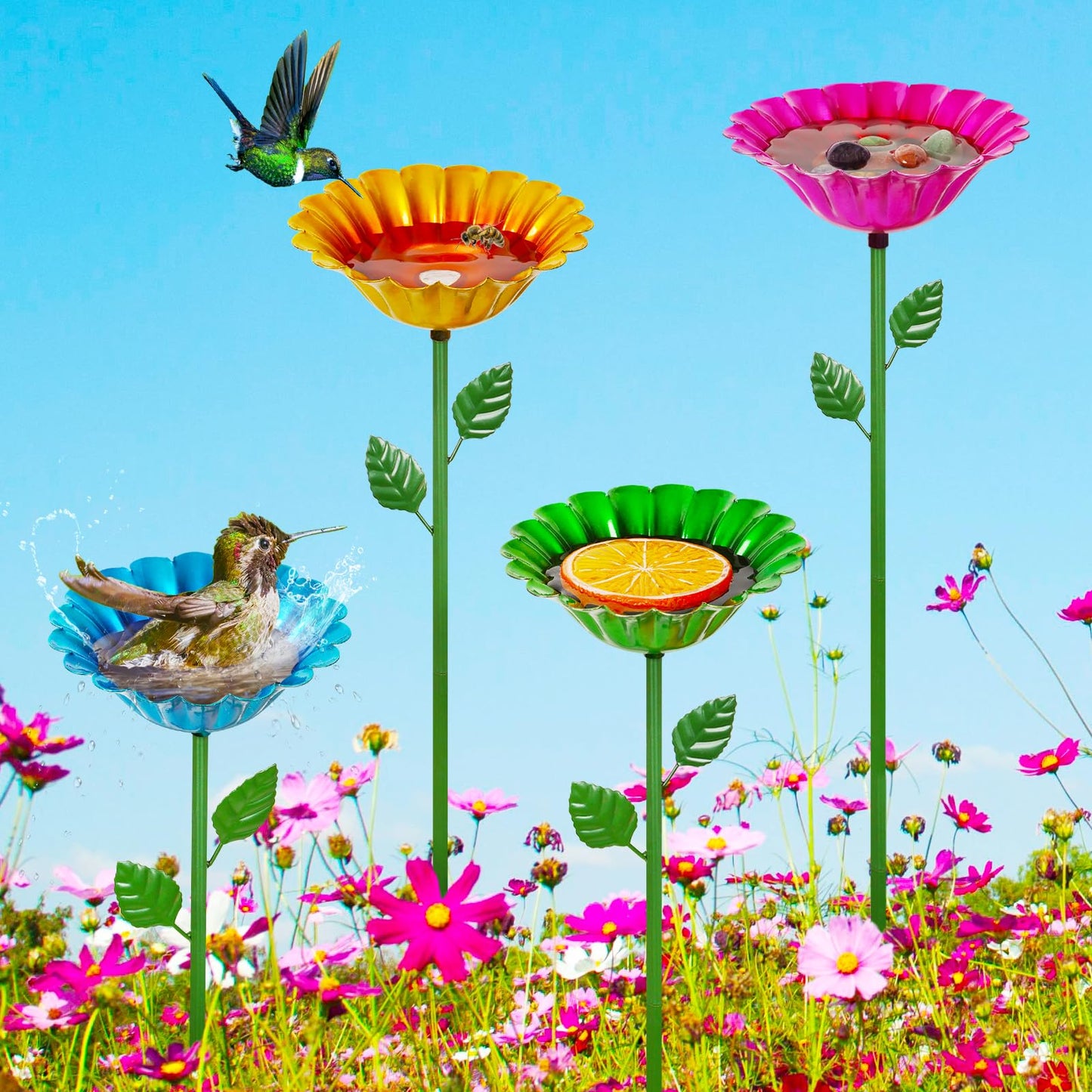 Retyion Large Bee Watering Station, 4 Pack Small Bird Bath for Outside, Metal Butterfly Feeders Bowl with 5.32'' Flower Design Bee Bath for Garden Decor (Classic-Flower 4-Pack)
