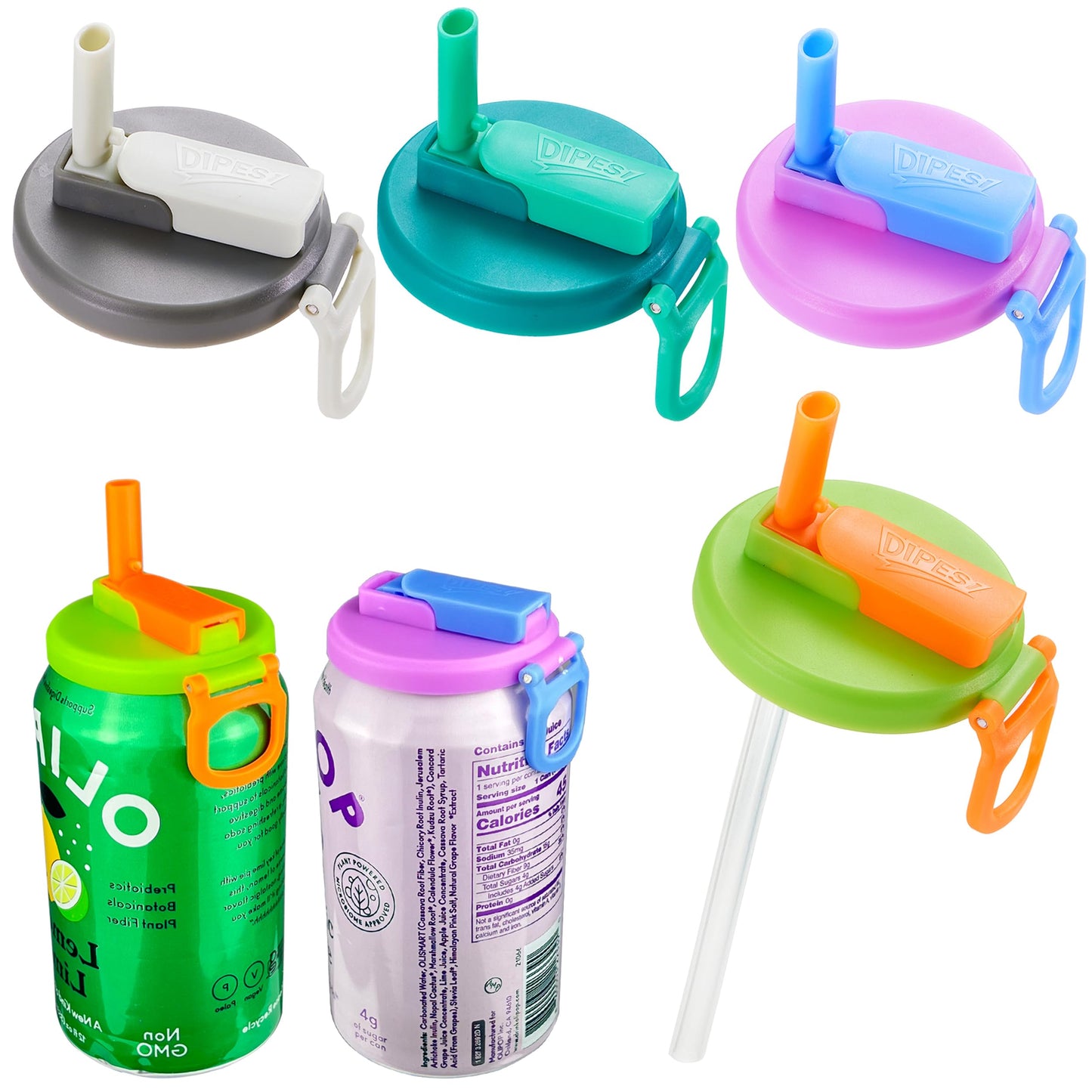 DIPESI 4-pack 4 Color Soda Can Lids with straw, Soda Can Covers with Silicone straw BPA-Free Reusable For Fits standard For Canned Beverage, Beer, Juice,Seltzer. (Colour mixture)