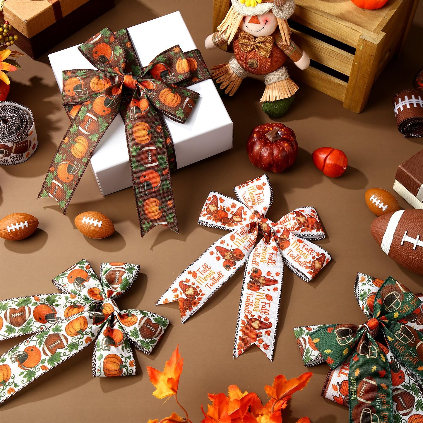 Vincreem 12 Rolls Fall Football Wired Edge Ribbon for Wreaths 2 Inch x 60 Yards Maple Leaves Pumpkin Football Print Ribbon Crafts for Thanksgiving Harvest Party Decorative Supplies, 12 Styles