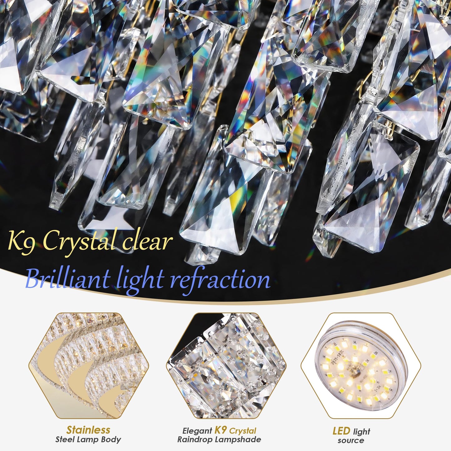 40 inch Flush Mount Crystal Chandeliers with Remote and APP Gold, Modern Elegant LED Crystal Raindrop Ceiling Light Fixture, 3CCT Dimmable, for Living Room Kitchen Island Bedroom Entryway Foyer