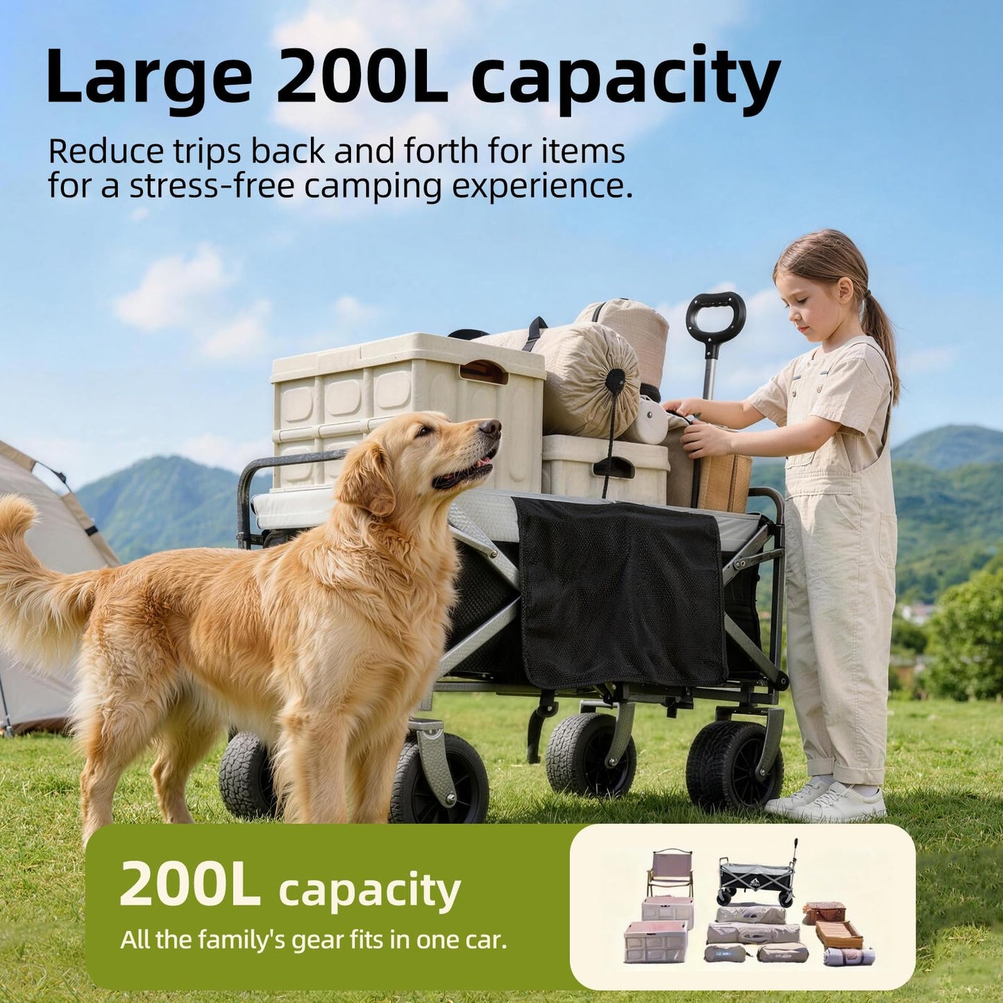 BUERTS Collapsible Wagon - 600LBS Heavy-Duty Large Capacity Foldable Utility Cart, Oversized All-Terrain Wheels, 3-Second Quick Fold Beach Wagon for Camping, Gardening, Beach & Backcountry Trip（BLACK）